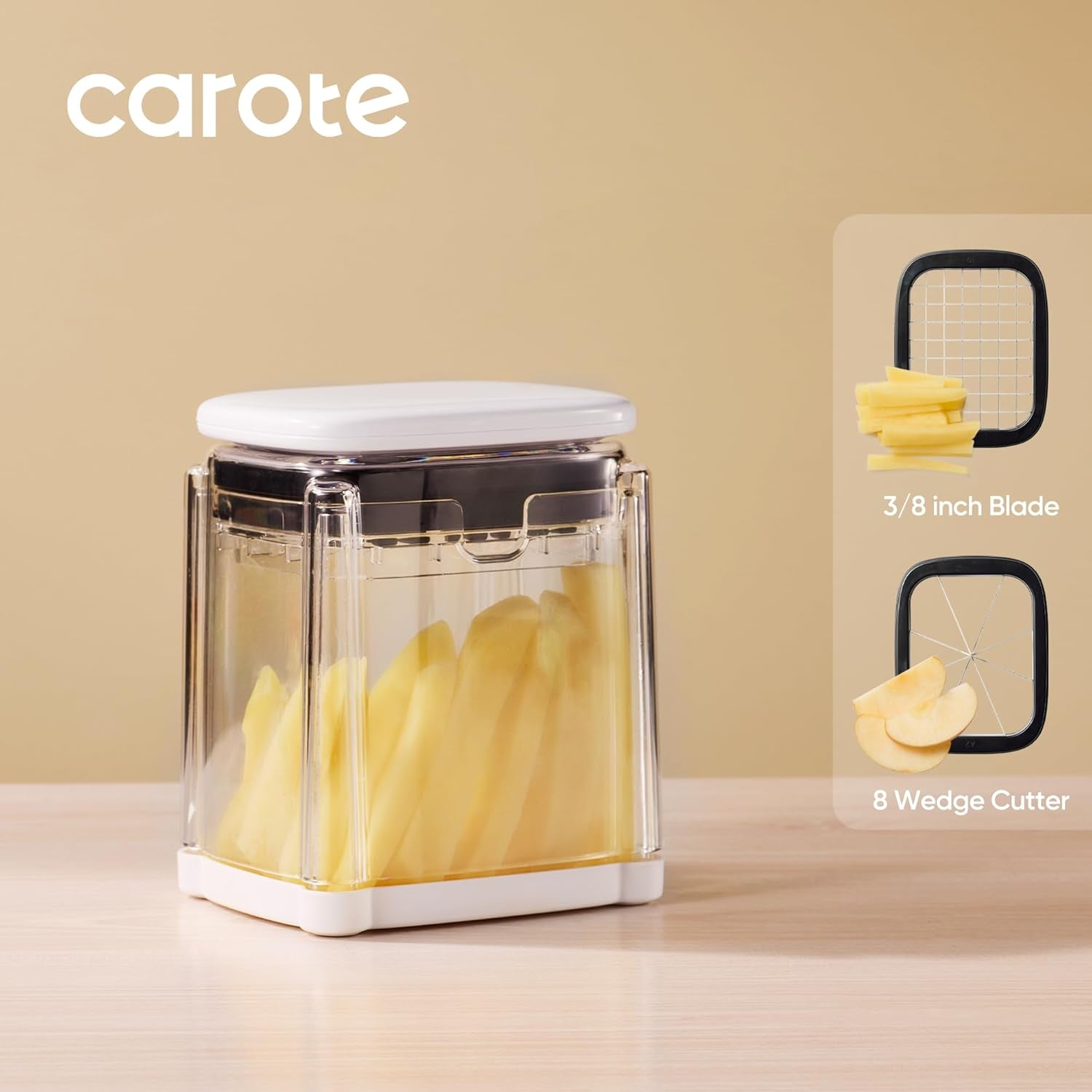 French Fry Cutter for Potato, Mandoline Slicer Vegetable Chopper Potato Slicer with 8-Wedge Blade & Dicer Grid, Bpa-Free Container, Versatile for Potatoes, Carrots, Cucumbers, Apple