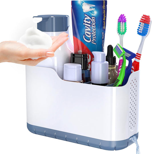 Bathroom Counter Organizer with Toothbrush Holder, Foaming Soap Dispenser with Toothbrush and Toothpaste Holder, Countertop Vanity Organizer, Bathroom Storage Caddy for Makeup Brushes & Accessories