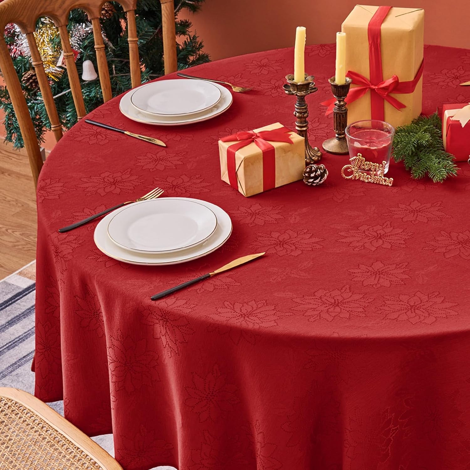 Christmas Red Tablecloth round 60 Inch-Fabric Xmas Holiday Winter Table Cloth-Jacquard Damask Poinsettia Modern Table Cover Small Circle Kitchen Dinner Dining Picnic Holiday Parties