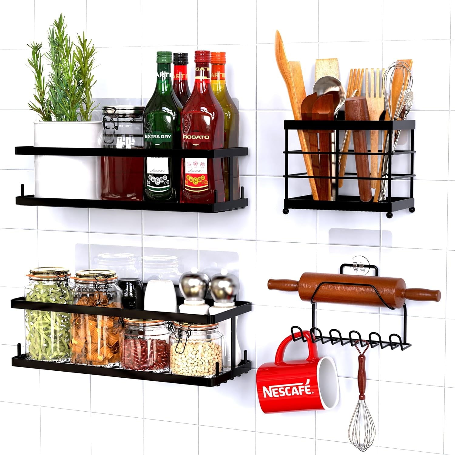 Set of 6 Bathroom Essentials Black Suction Cup Shower Caddy with Shower Baskets, Hooks, Razor Toothbrush Holder, and Soap Dish for inside Shower Storage