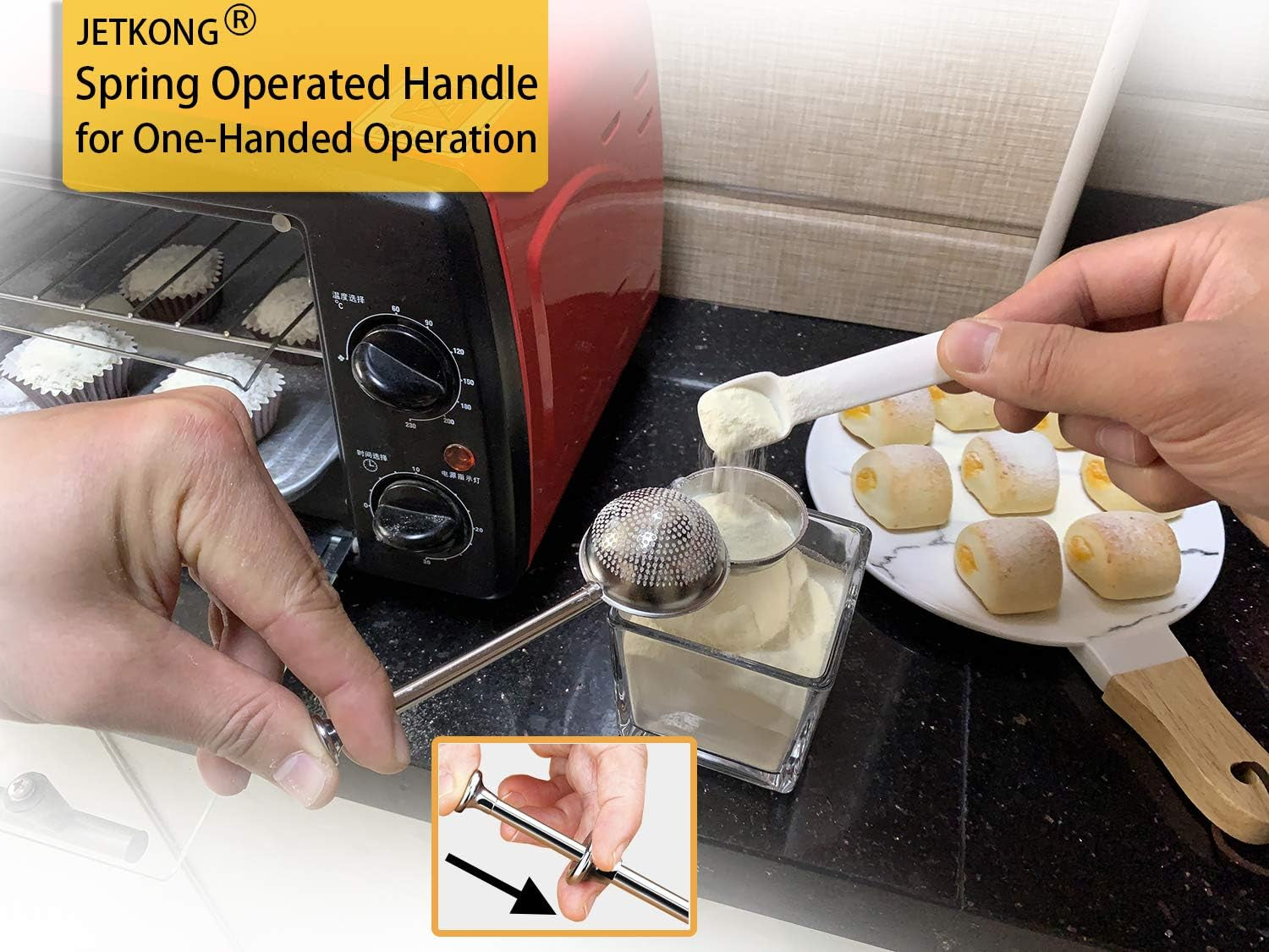 Powdered Sugar Shaker Duster Flour Dispenser Shaker with 18/8 Stainless Steel Spring-Operated Handle for Sugar Flour and Spices