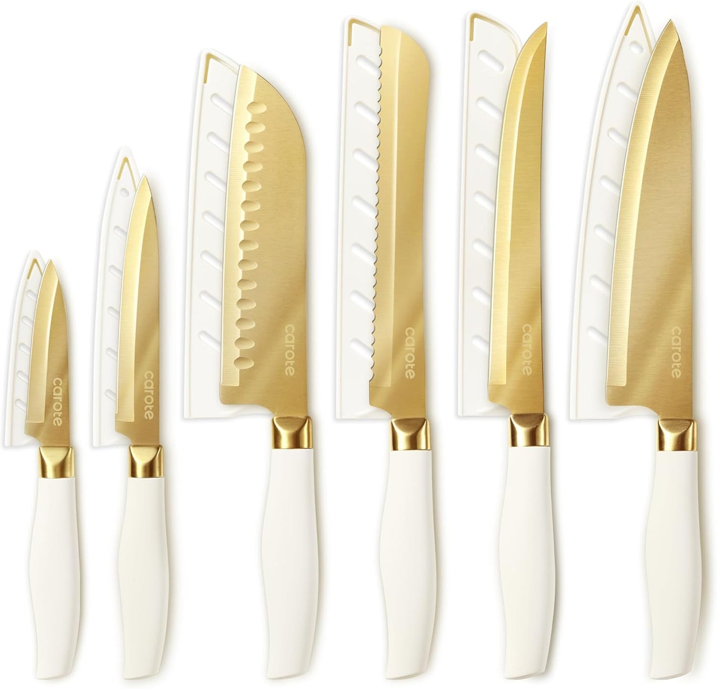 12PCS Kitchen Knife Set, Healthy Gold Titanium Coating Knife Set, Dishwasher Safe with 6 Blade Guards, Rustproof Stainless Steel Cutlery Set, White and Gold