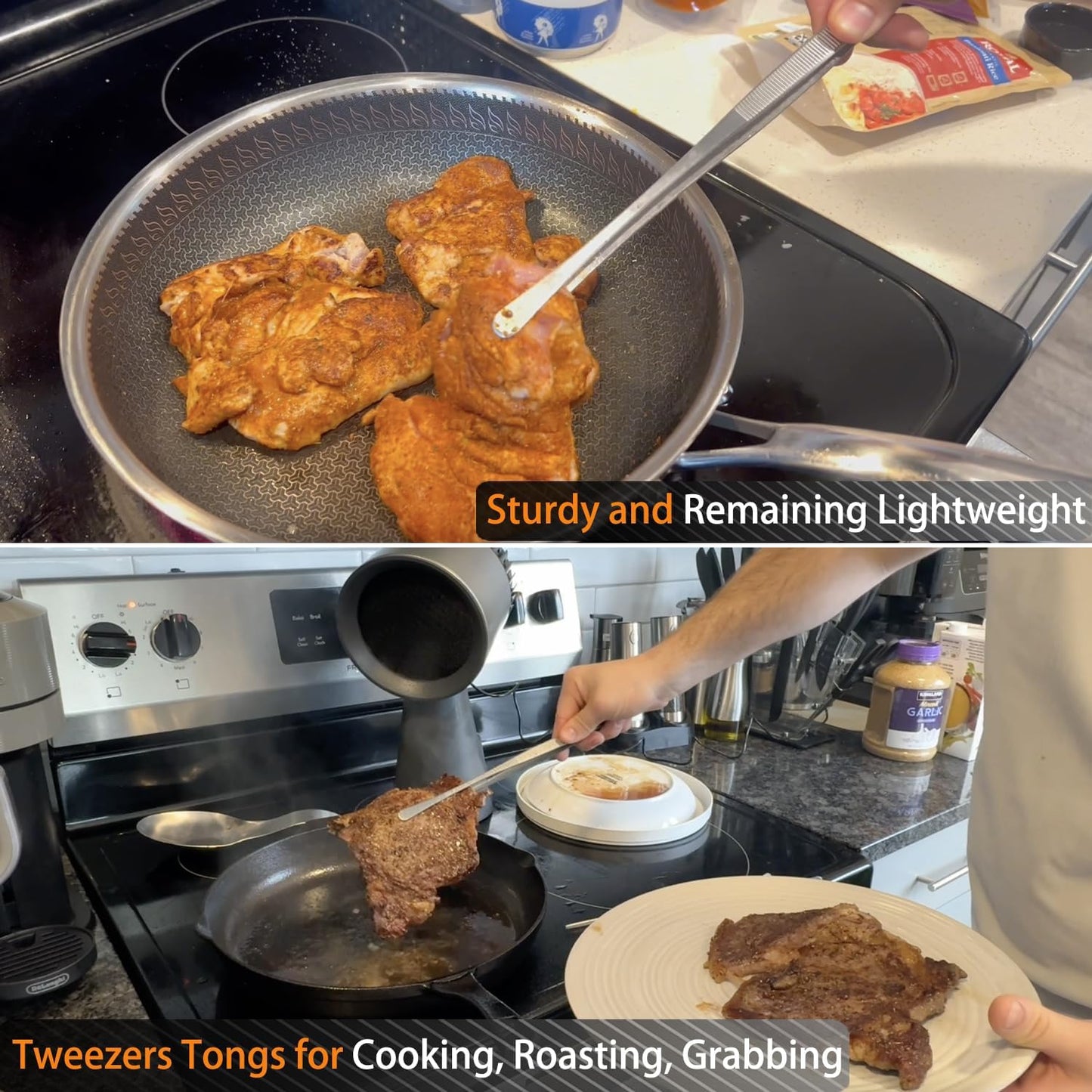 3 Pcs Kitchen Tweezers Tongs, Stainless Steel Cooking Tweezers, 8+10+12 Inch Ideal for Meat, Pasta, Plating and Pinching Delicate Small Pieces of Food (Silver)