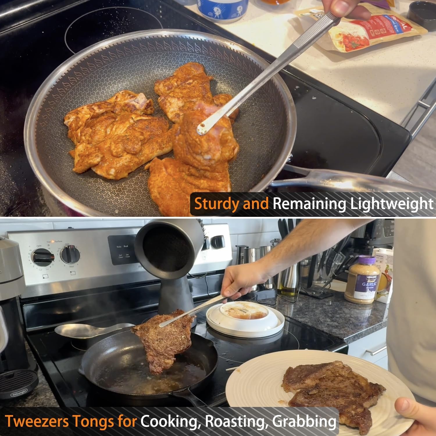 3 Pcs Kitchen Tweezers Tongs, Stainless Steel Cooking Tweezers, 8+10+12 Inch Ideal for Meat, Pasta, Plating and Pinching Delicate Small Pieces of Food (Silver)