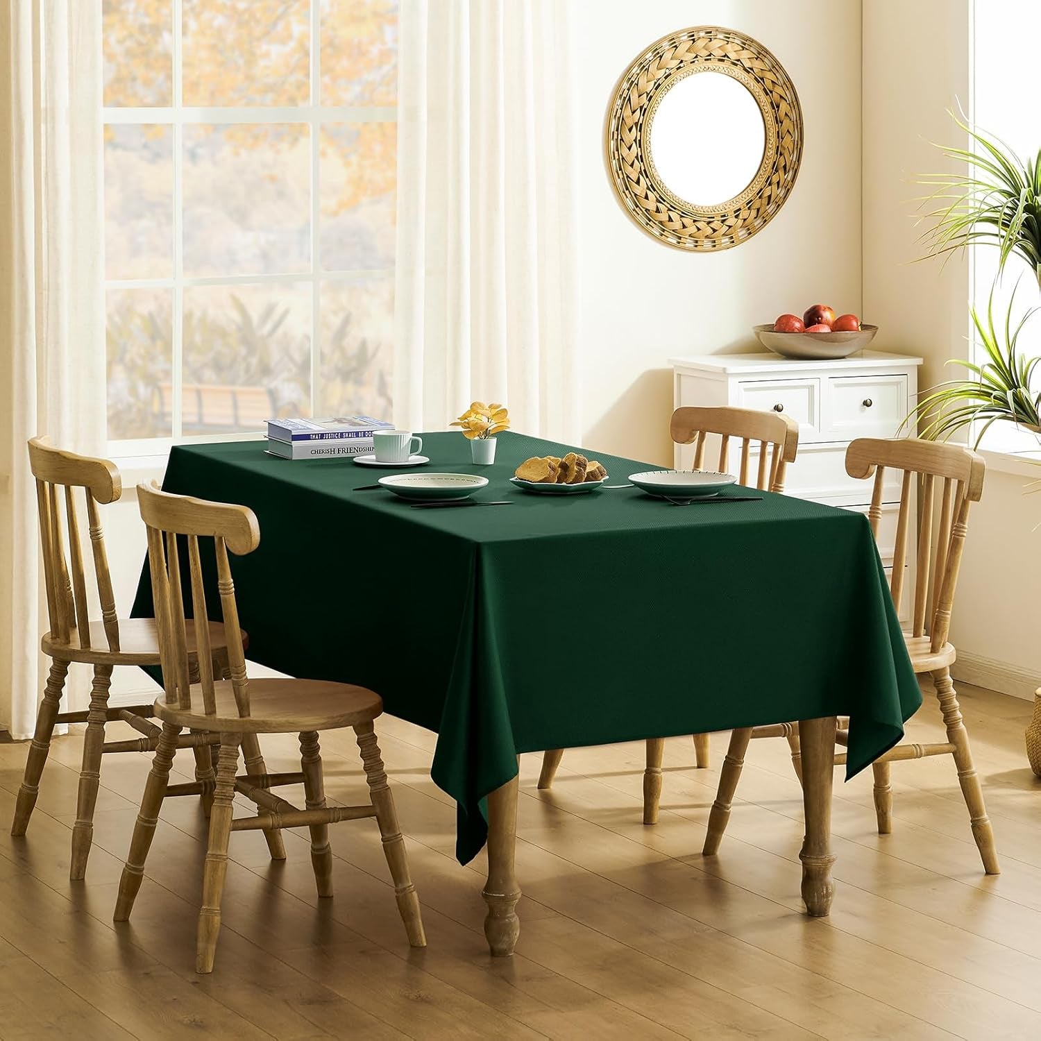 Textured Tablecloth Rectangle Waterproof Table Cloth, Washable Table Cover Wrinkle Free Fabric Tabletop Decoration for Kitchen, Dining, Wedding, Parties, 52 X 70 Inch, Hunter Green