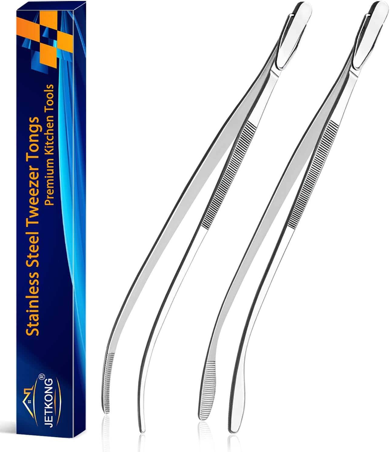 2 Pcs 12'' Curved Kitchen Tweezers Stainless Steel Long Tweezer Tongs Professional Chef Tweezers for Cooking, Grilling and BBQ (Silver)