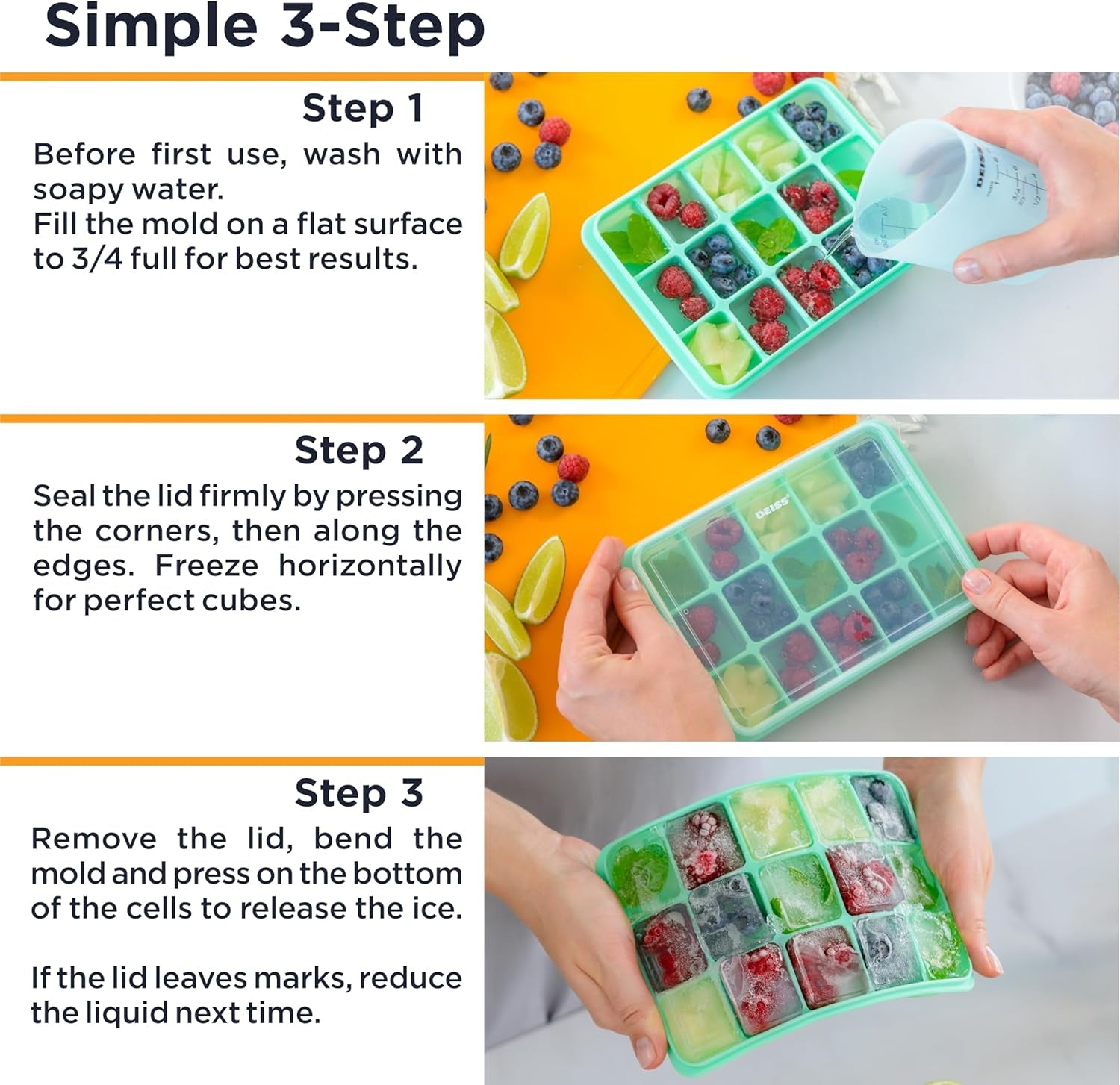 PRO Ice Cube Tray with Removable Lid 2 Pack, Flexible Easy-Release Silicone Ice Cube Trays for Freezer, Durable & Odor-Resistant, Stackable & Space-Saving Ice Tray, Easy to Clean Ice Molds