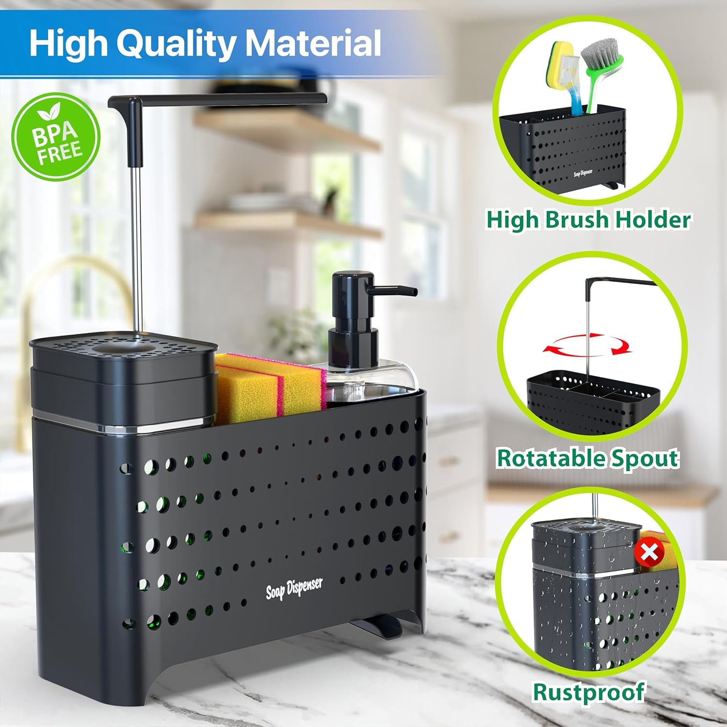 Sponge Holder for Kitchen Sink, High Brush Holder with Hand Soap & Dish Soap Dispenser - Perfect for Kitchen Countertop Organization, Includes Sponge, Dish Soap Dispenser Set