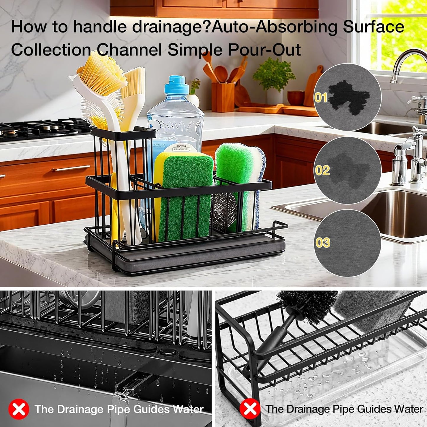 Kitchen Sink Caddy Organizer with Fast Drying Stone Tray, Rustproof Stainless Steel Sponge Holder for Kitchen Countertop, Diatomaceous Earth Mat for Soap Scrubber & Brush