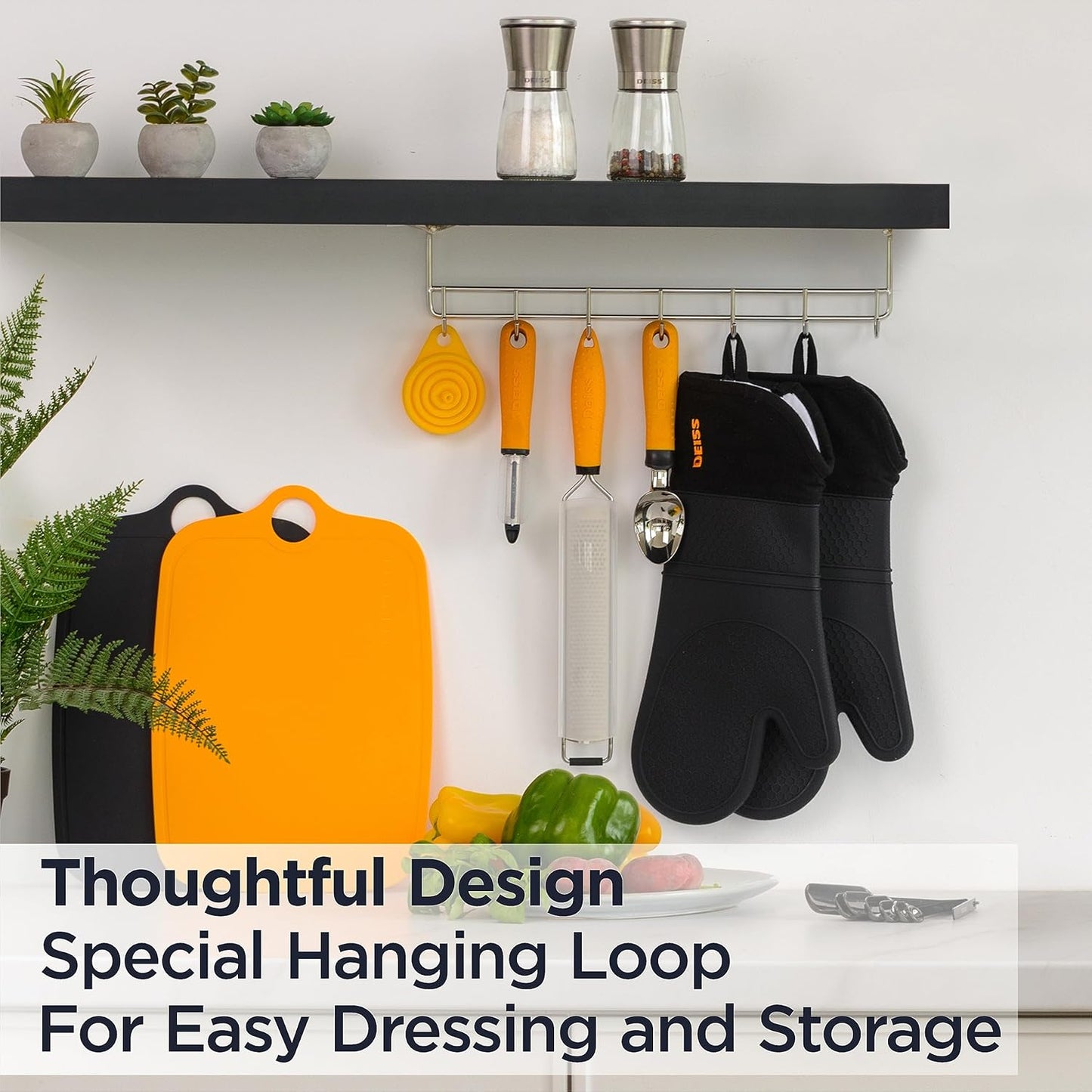 PRO Heat and Stain Resistant Silicone Oven Mitts Set, Soft Cotton Lining BBQ Gloves, Waterproof, Extra Long Flexible Thick Kitchen Mitts for Cooking, Non-Slip Grip Oven Gloves