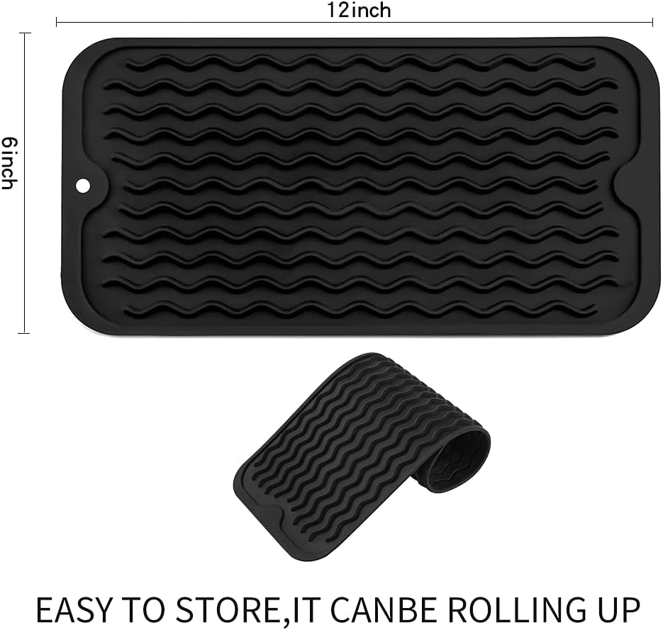 Silicone Dish Drying Mat for Multiple Usage,Easy Clean,Eco-Friendly,Heat-Resistant Silicone Mat for Kitchen Counter or Sink,Refrigerator or Drawer Liner Black S 12 Inches X 6 Inches