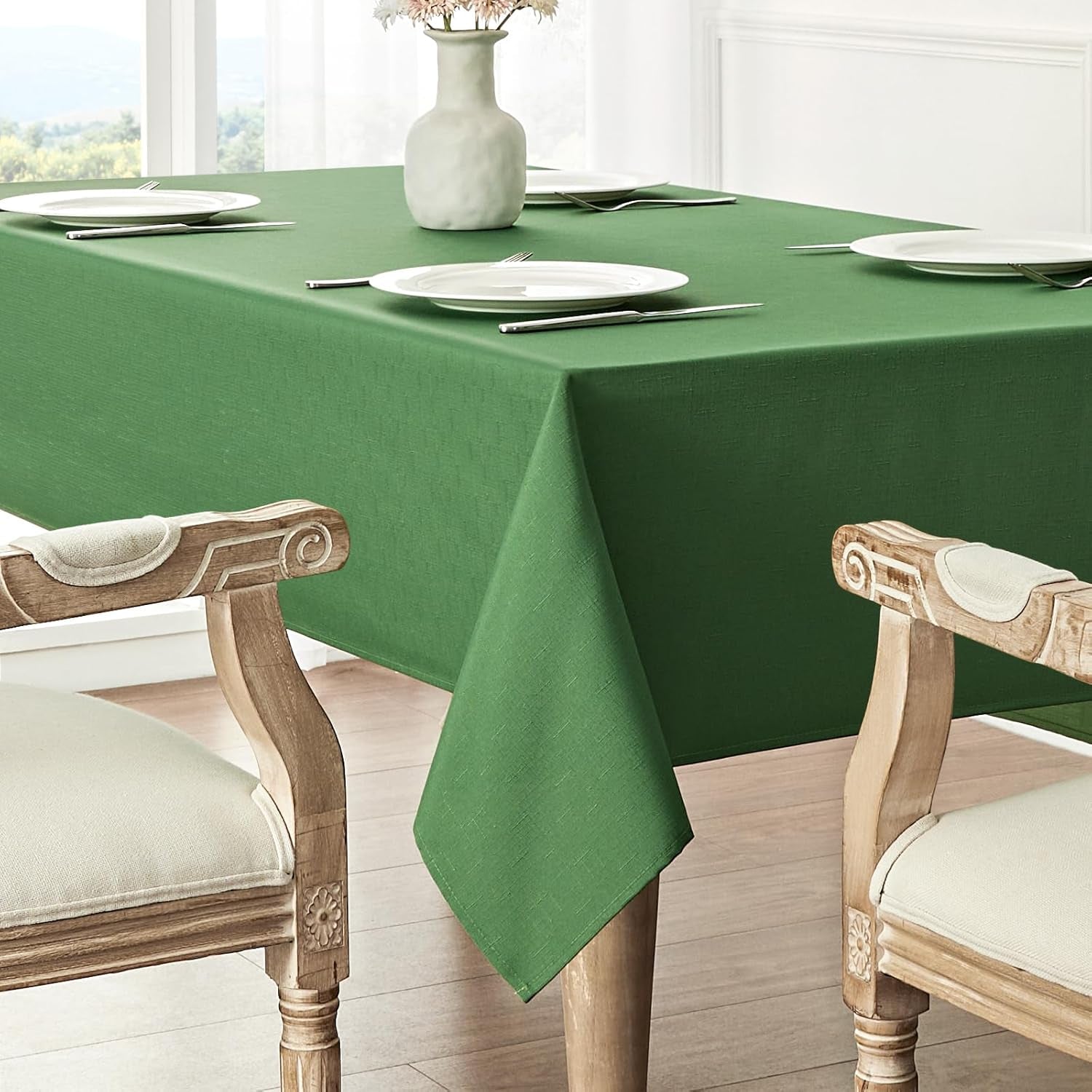 Rectangle Tablecloth Waterproof 52X70 Inch Linen Textured Table Cloth Stain and Wrinkle Resistant Washable, Decorative Fabric Table Cover for Dining, Party and Camping, Green