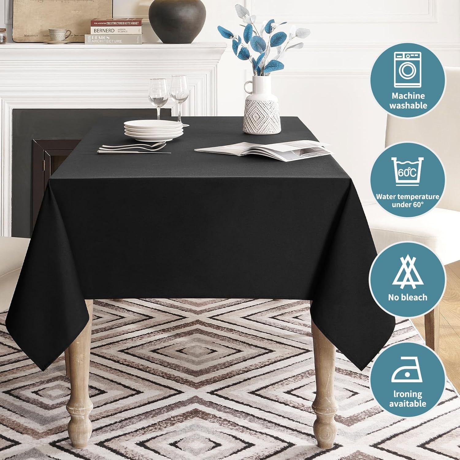 Table Cloth Rectangle Waterproof Spill-Proof Wrinkle-Free Tablecloth Washable, Kitchen Dining Tabletop Decoration, Fabric Table Cover for Indoor and Outdoor Use, 60 X 120 Inch, Black