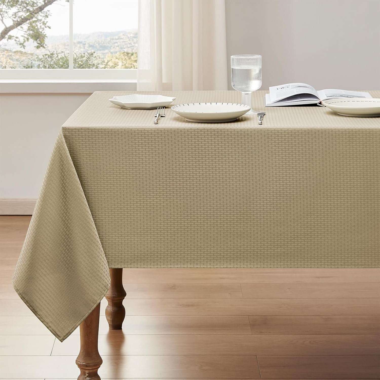 Rectangle Tablecloth Weaved Textured Water Resistant Spill Proof Table Cloth, Decorative Fabric Wrinkle Free Table Cover for Events and Dinner, 60 X 84 Inch, Natural