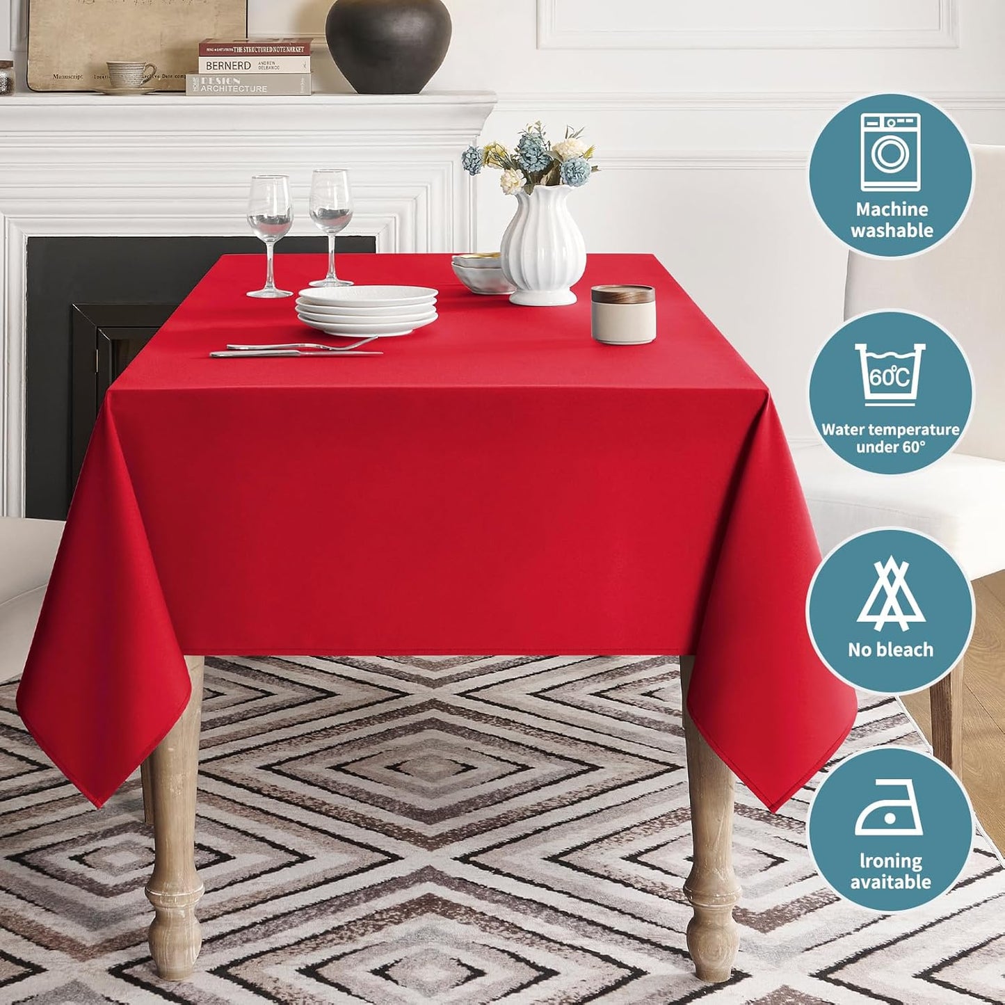 Table Cloth Rectangle Waterproof Spill-Proof Wrinkle-Free Tablecloth Washable, Kitchen Dining Tabletop Decoration, Fabric Table Cover for Indoor and Outdoor Use, 60 X 120 Inch, Red