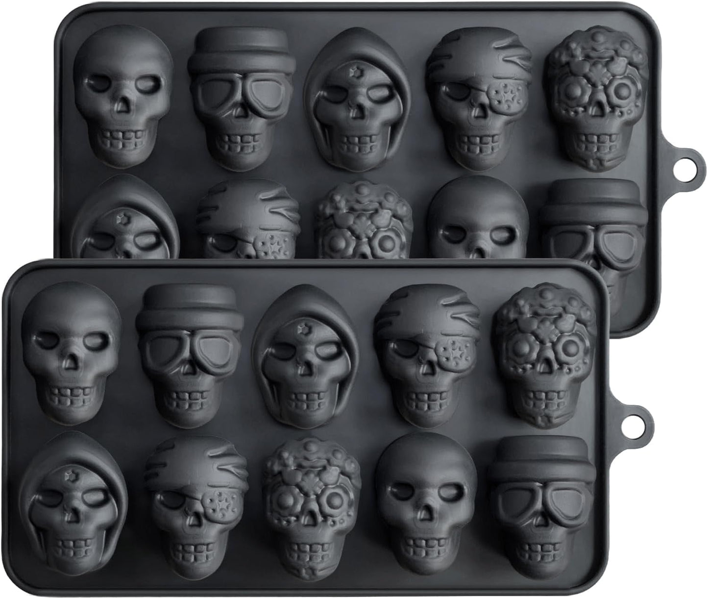 10 Cavity Skull Chocolate Molds Silicone Skull Candy Mold for Jelly Crayon Resin, Pack of 2 (Black)