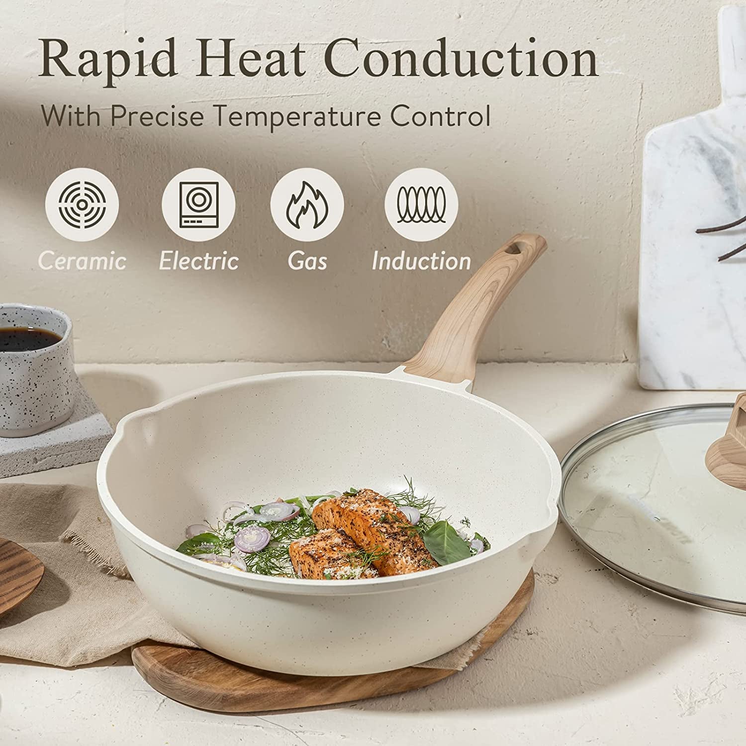 12Inch Nonstick Deep Frying Pan with Lid, 5.5 Qt Jumbo Cooker Saute Pan with Pour Spout, Skillet Induction Cookware, Non Stick Cooking Pan Kitchen Pan PFOA Free, White Granite