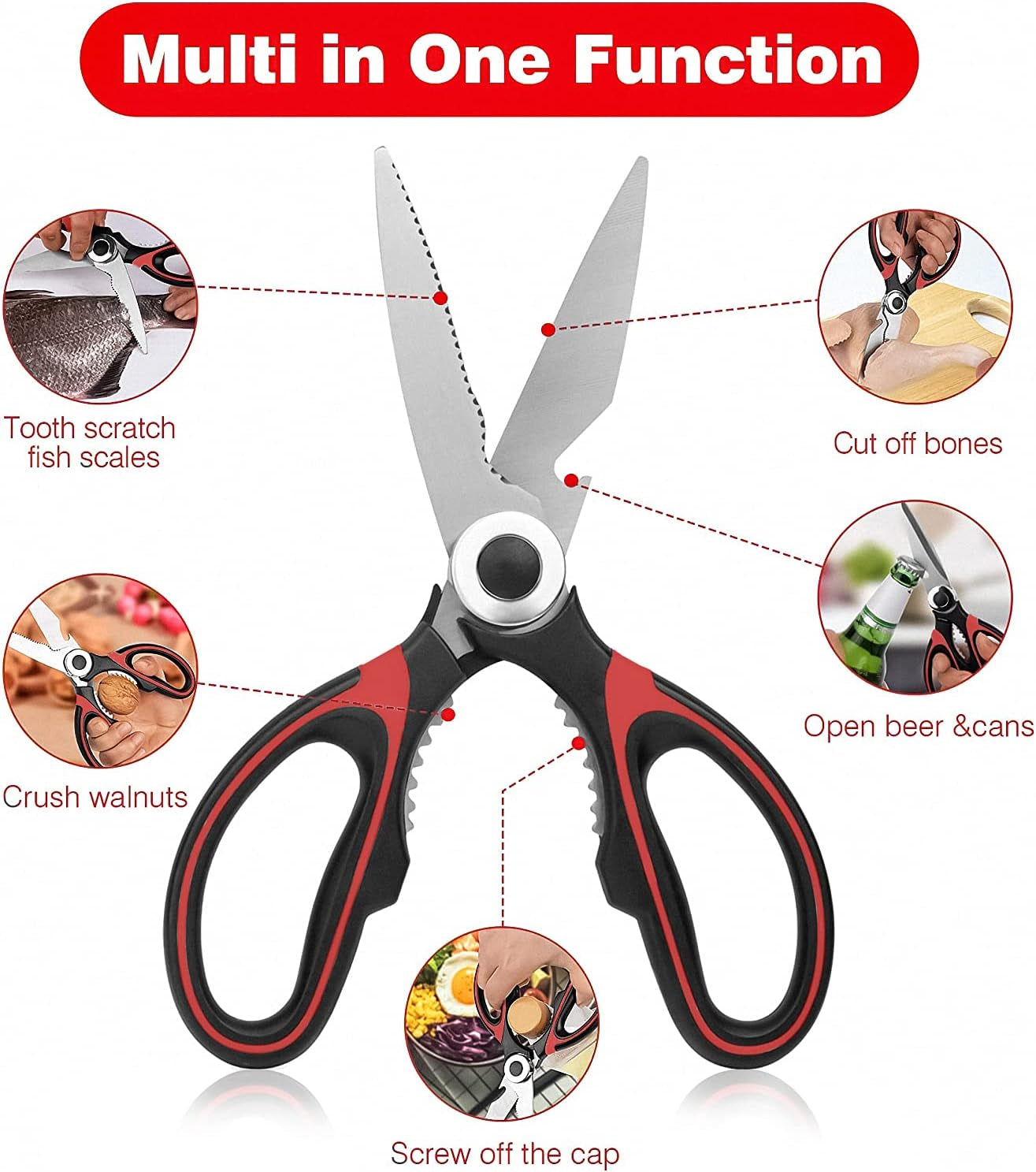 Heavy Duty Kitchen Shears with Protective Sheath Kitchen Meat Scissors, Dishwasher Safe Cooking Scissors for Chicken, Poultry, Fish, Herbs (Black+Red)