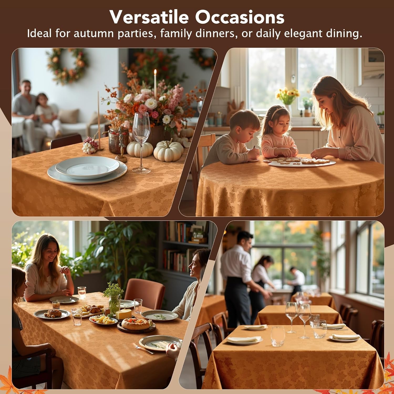 Fall round Tablecloth 60''-Amber Thanksgiving Autumn Harvest Gathering Jacquard Fabric Damask Table Cloth, Small Circle Folding Table Covers Kitchen Dinner Dining Picnic Holiday Parties