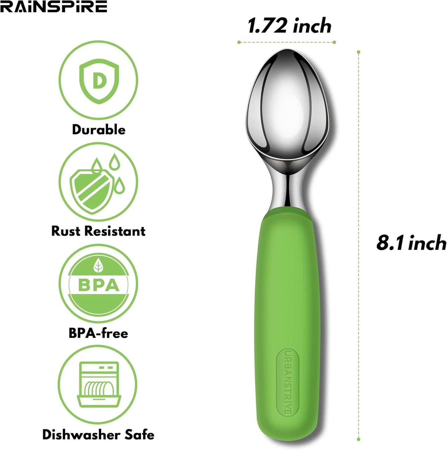 Ice Cream Scoop Stainless Steel, Ice Cream Scooper Professional Large Ice Cream Scoops with Non-Slip Rubber Handle, Ice Cream Spade for Cookie Dough, Gelato, Sorbet, Melon, Green