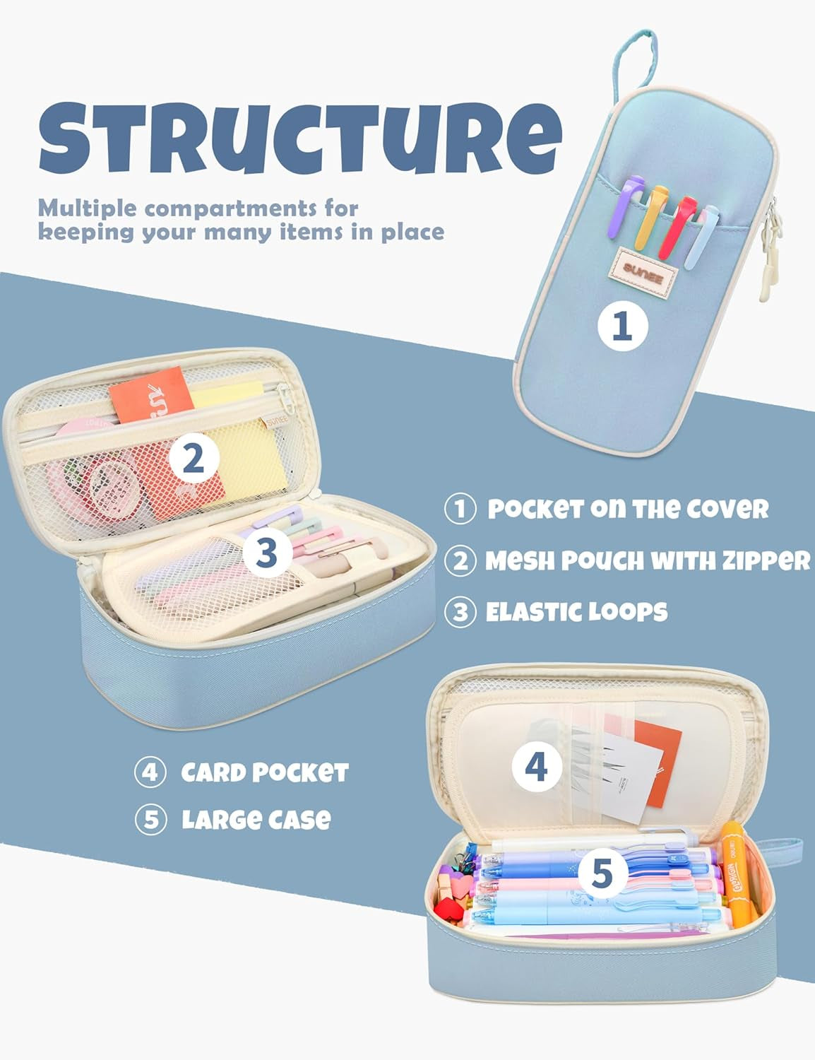 Cute Pencil Case, Aesthetic Pen Pouch, Colored Large Pencil Bag with Zipper, Kawaii Stationery Storage and Organizer, School Supplies for Teen and Adult Girls, Blue