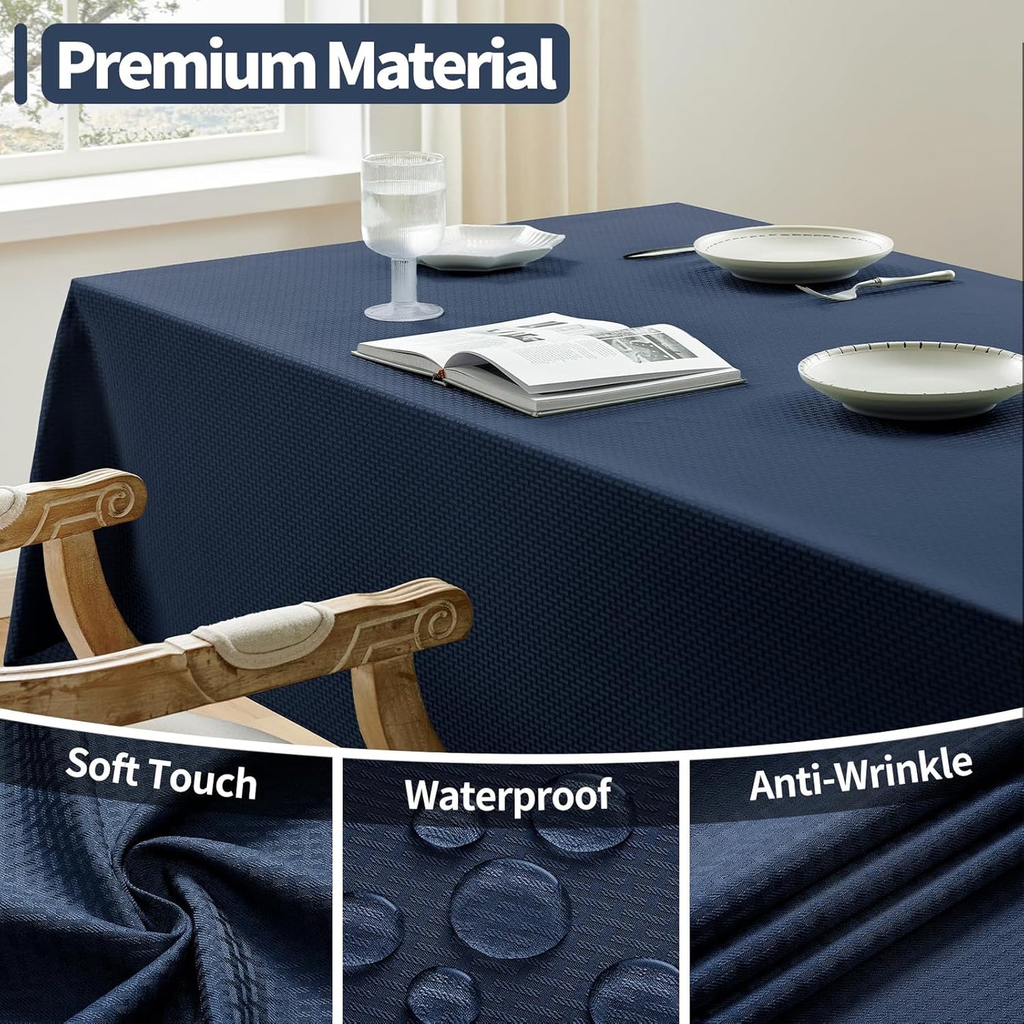 Rectangle Tablecloth Weaved Textured Water Resistant Spill Proof Table Cloth, Decorative Fabric Wrinkle Free Table Cover for Events and Dinner, 60 X 84 Inch, Navy Blue