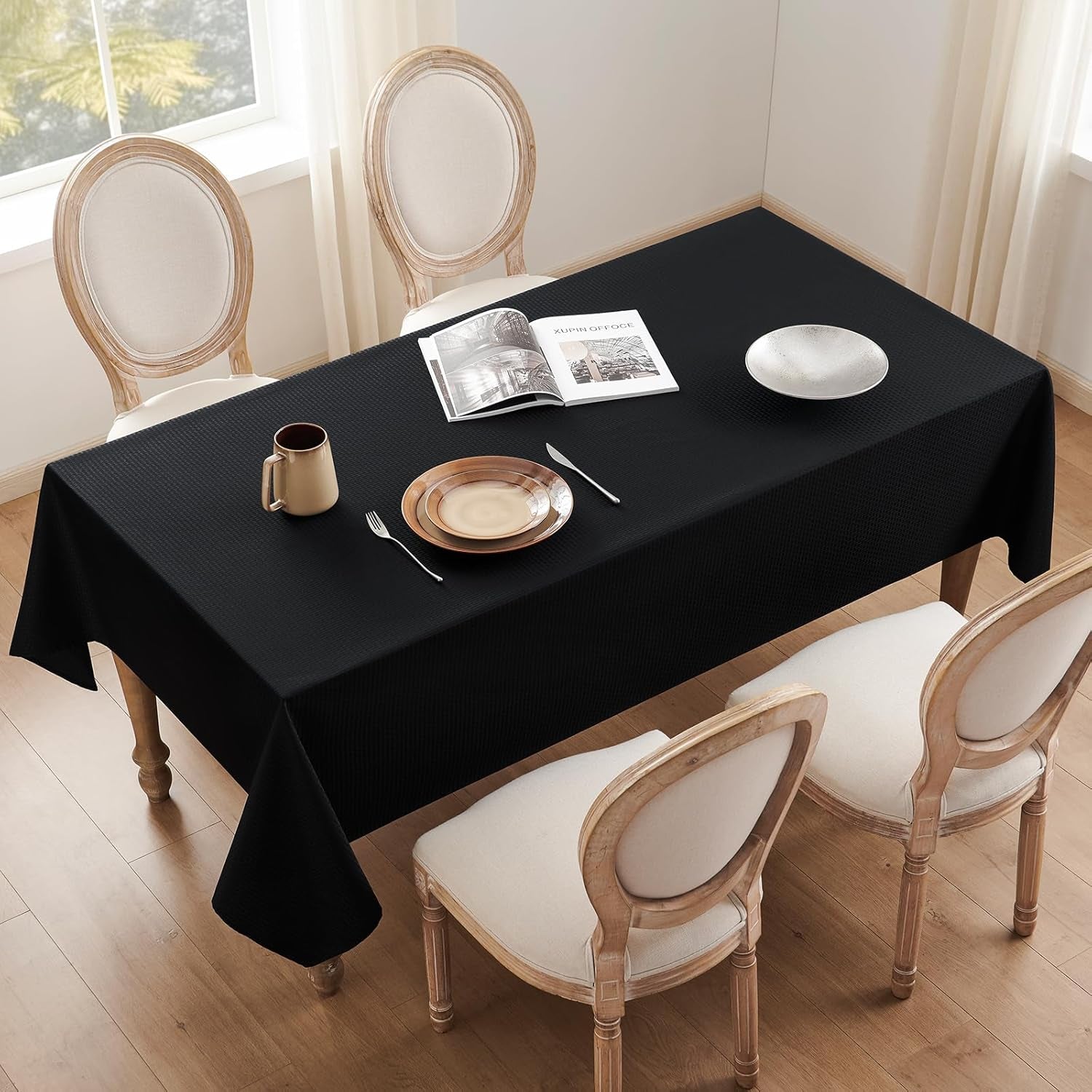 Rectangle Tablecloth Weaved Textured Water Resistant Spill Proof Table Cloth, Decorative Fabric Wrinkle Free Table Cover for Events and Dinner, 60 X 84 Inch, Black