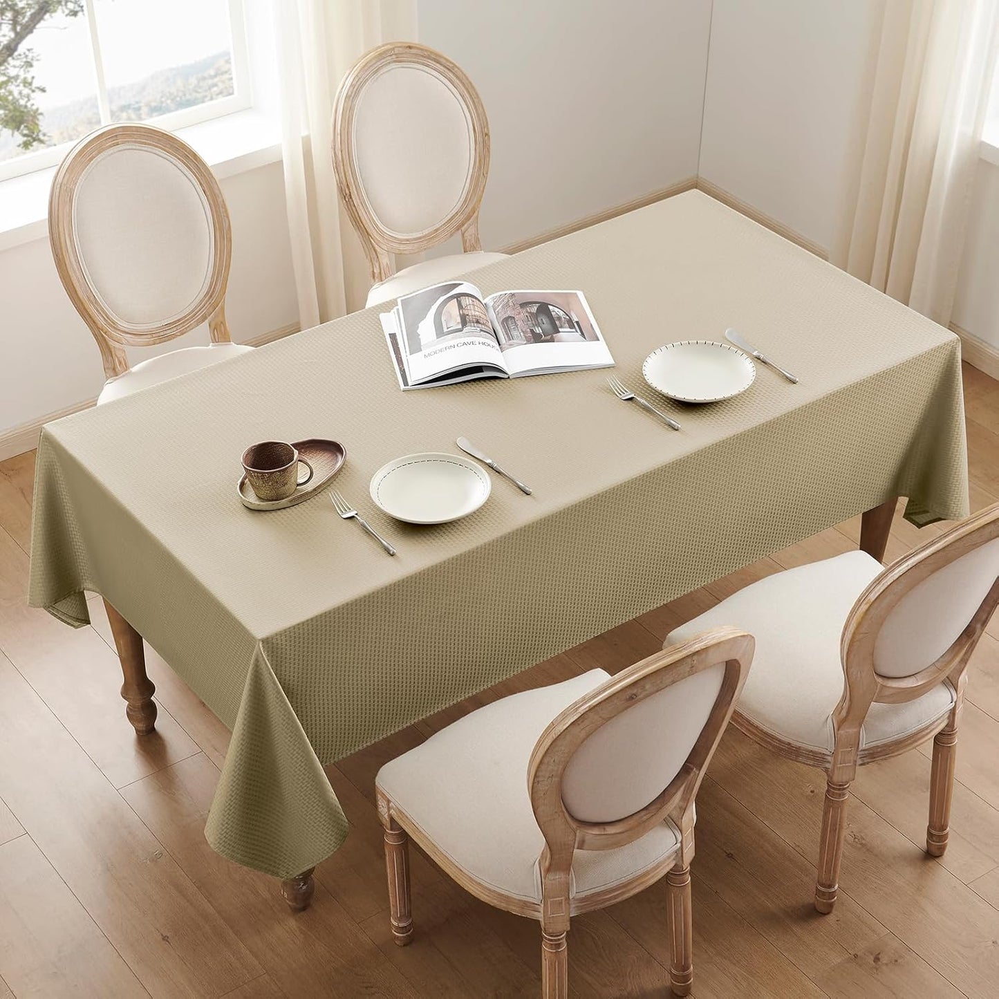 Rectangle Tablecloth Weaved Textured Water Resistant Spill Proof Table Cloth, Decorative Fabric Wrinkle Free Table Cover for Events and Dinner, 60 X 84 Inch, Natural