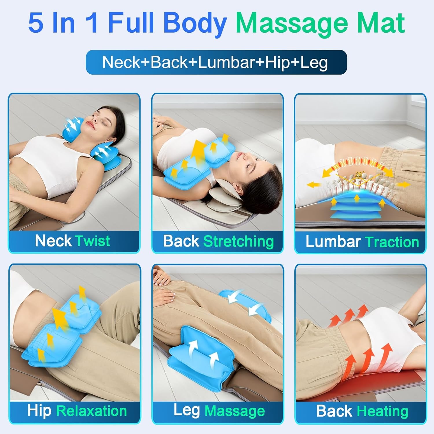 Full Body Massage Mat with Airbags Stretching & Heating, 3D Lumbar Traction & Relaxation, Back Massager Pad, 4 Modes 3 Intensities 3 Heat Levels, PU Leather, Portable & Foldable Design, Fit 5'1-6'0