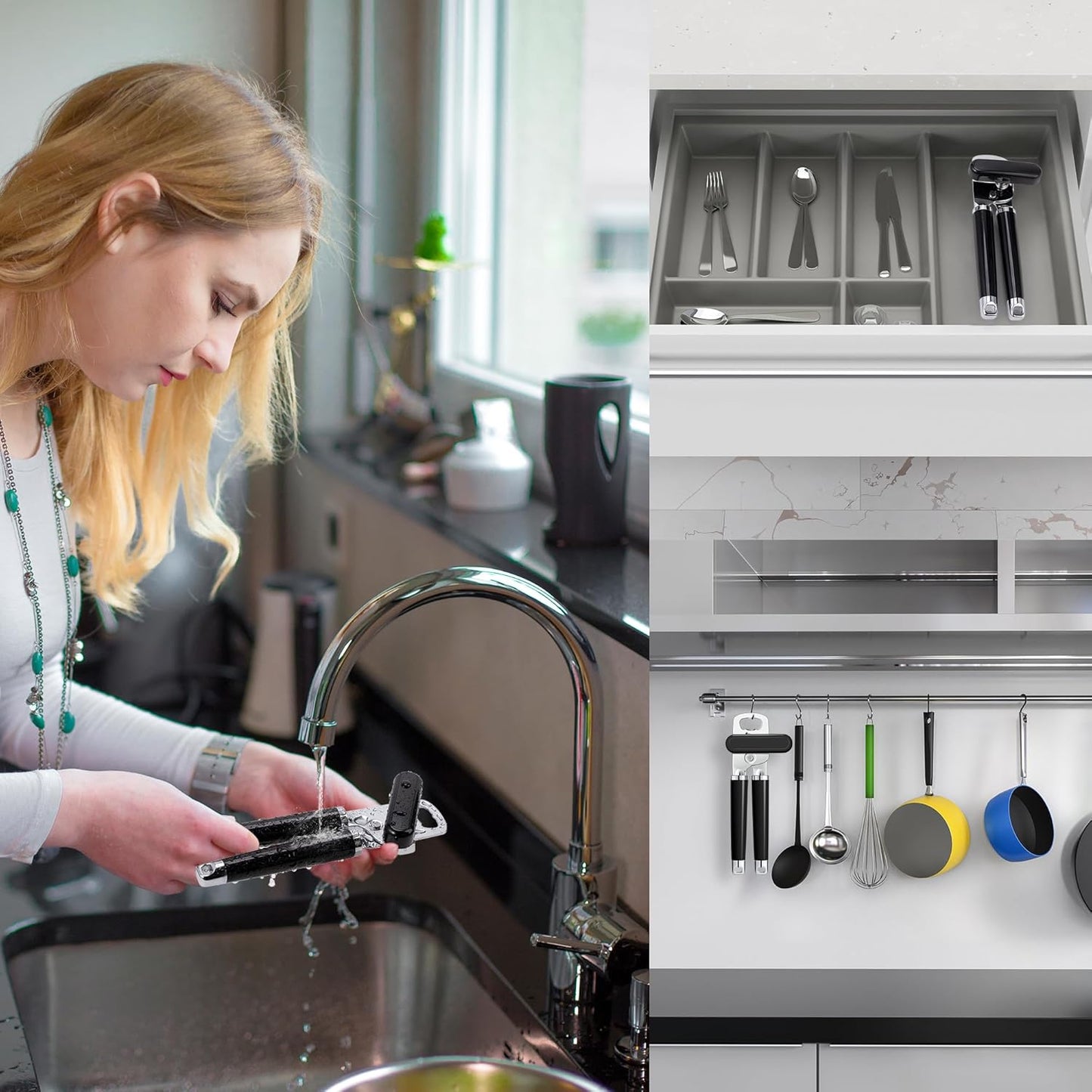 XL Large Heavy Duty Can Opener Manual Smooth Edge, Hand Held Can Openers for Seniors, Stainless Steel, Comfortable Handle, Built-In Bottle Opener, 8.66 Inch (Black)