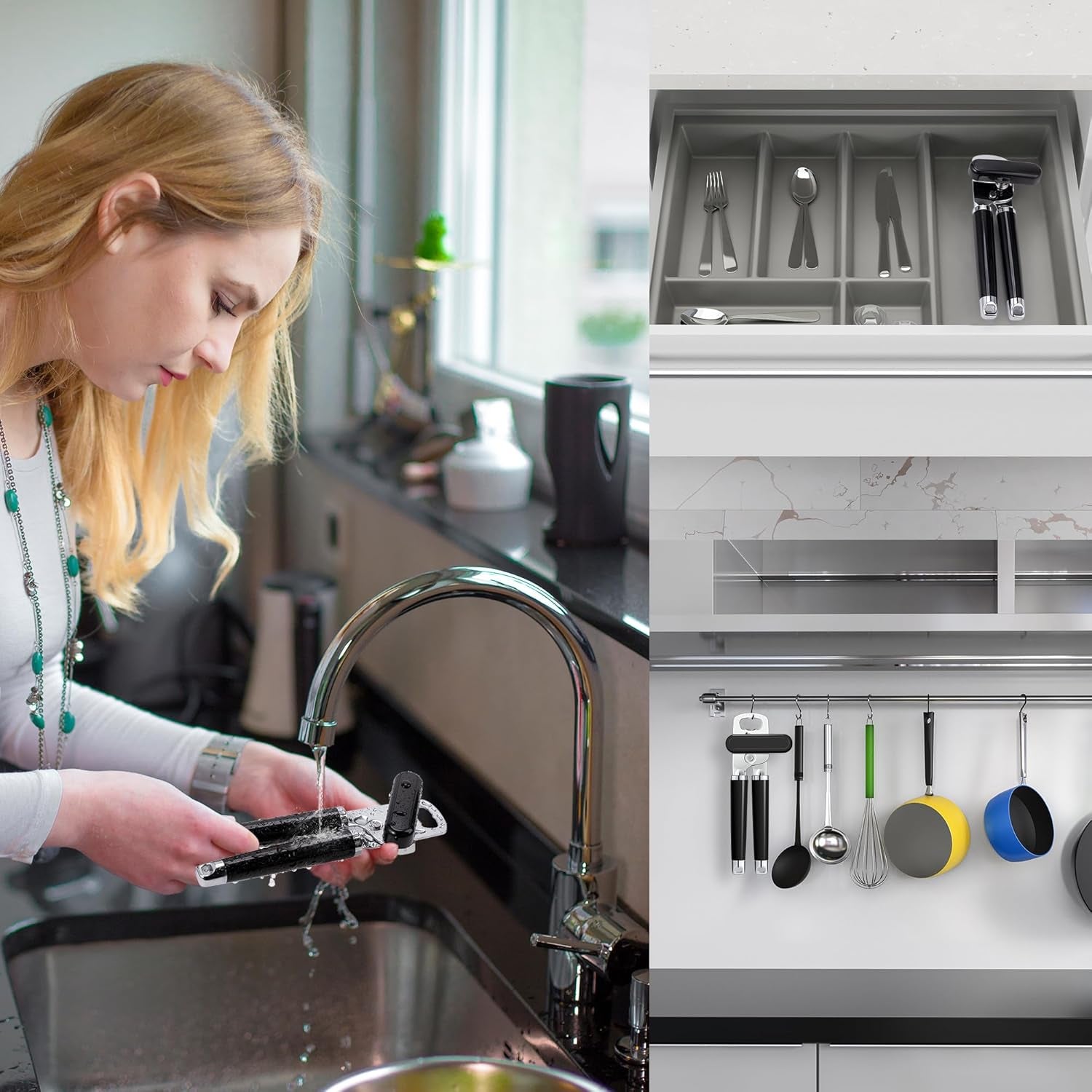 XL Large Heavy Duty Can Opener Manual Smooth Edge, Hand Held Can Openers for Seniors, Stainless Steel, Comfortable Handle, Built-In Bottle Opener, 8.66 Inch (Black)