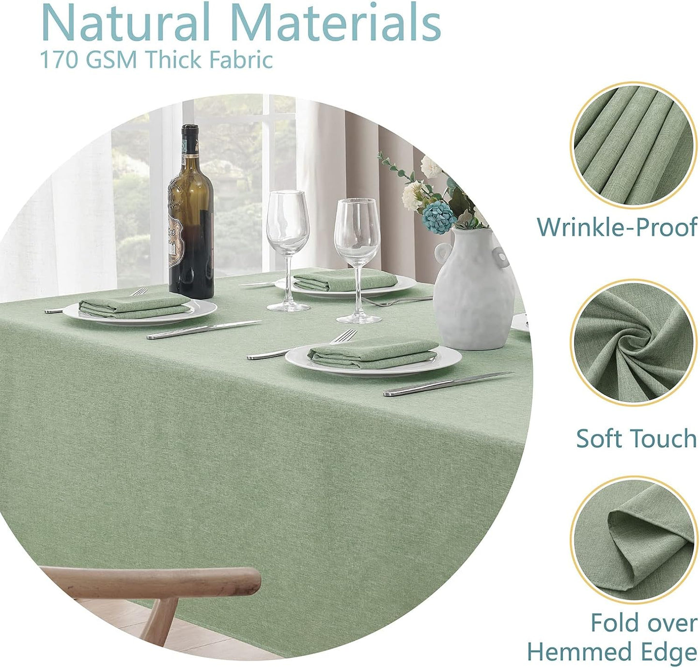 Rectangle Tablecloth Linen Textured Waterproof & Stain Resistant Table Cloth Wrinkle Free Decorative Fabric Farmhouse Table Cover for Dining/Party/Buffet/Wedding, 52 X 70 Inch, Sage Green