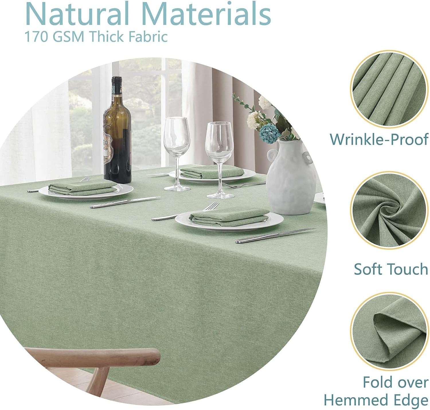 Rectangle Tablecloth Linen Textured Waterproof & Stain Resistant Table Cloth Wrinkle Free Decorative Fabric Farmhouse Table Cover for Dining/Party/Buffet/Wedding, 52 X 70 Inch, Sage Green