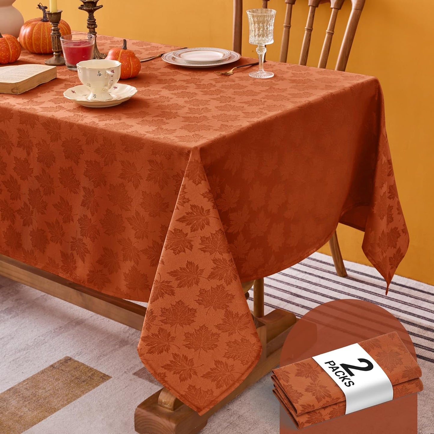 2 Packs Fall Tablecloth Rectangle Tables 60X84''-Rust Thanksgiving Autumn Harvest Gathering Jacquard Fabric Damask Table Cloths Kitchen Dinner Dining Outdoor Picnic Holiday Parties