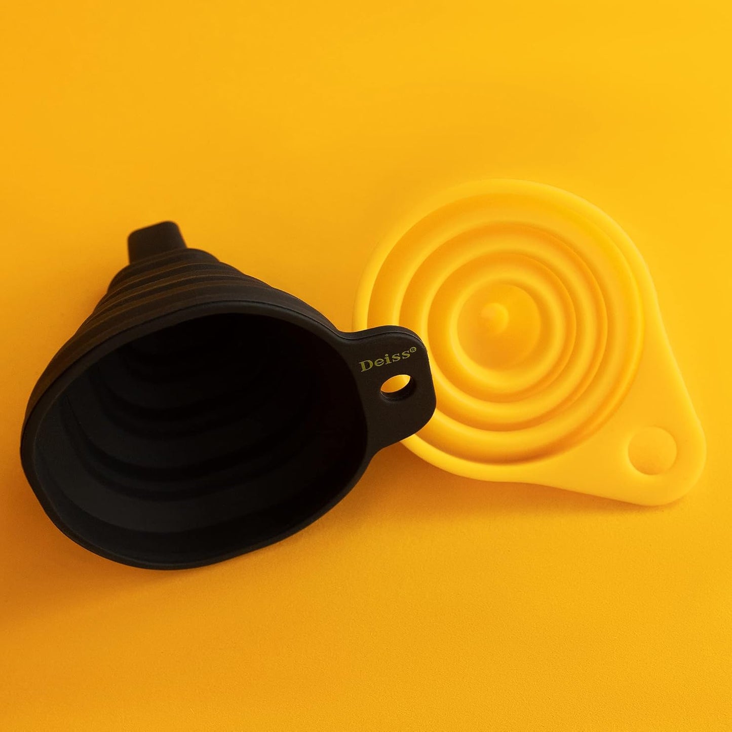 PRO Silicone Collapsible Funnel Set - Rounded & Squared Foldable Funnels - Food Grade, Dishwasher Safe - Set of 2 (Yellow, Black)