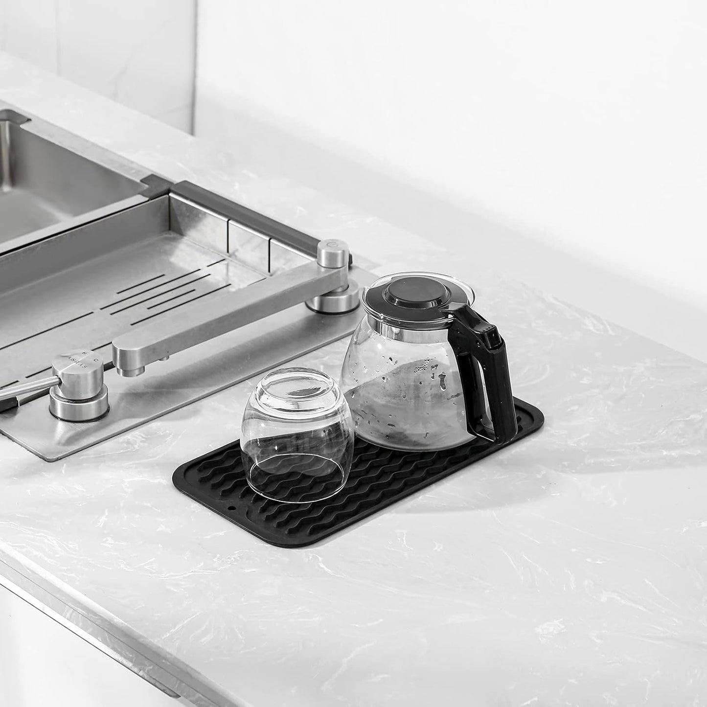 Silicone Dish Drying Mat for Multiple Usage,Easy Clean,Eco-Friendly,Heat-Resistant Silicone Mat for Kitchen Counter or Sink,Refrigerator or Drawer Liner Black S 12 Inches X 6 Inches