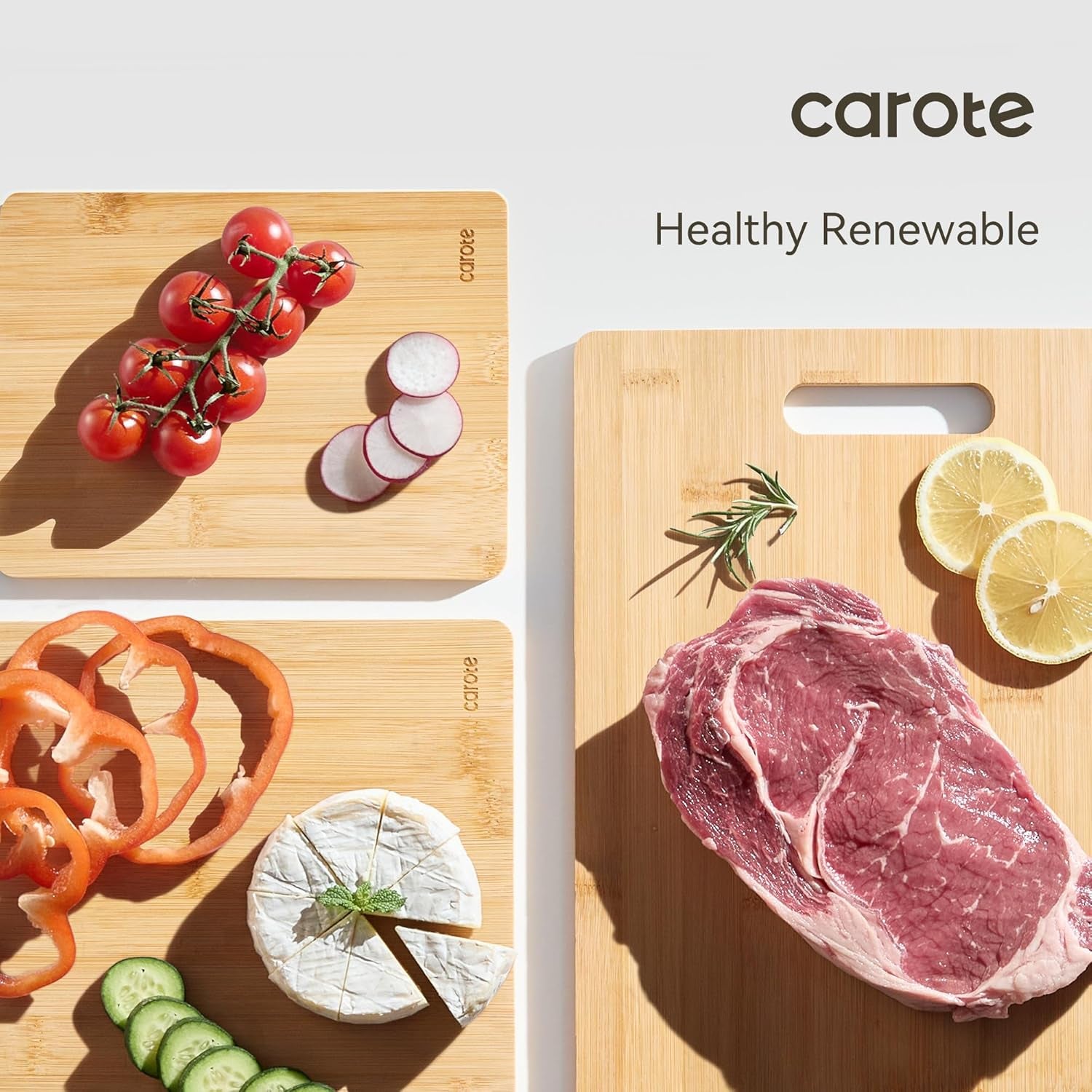 3Pcs Bamboo Cutting Boards Set, Thick Wood Cutting Board for Kitchen Wooden, Knife Friendly, Ideal for Chopping Meat Vegetables and Fruit Serving Tray with Handles