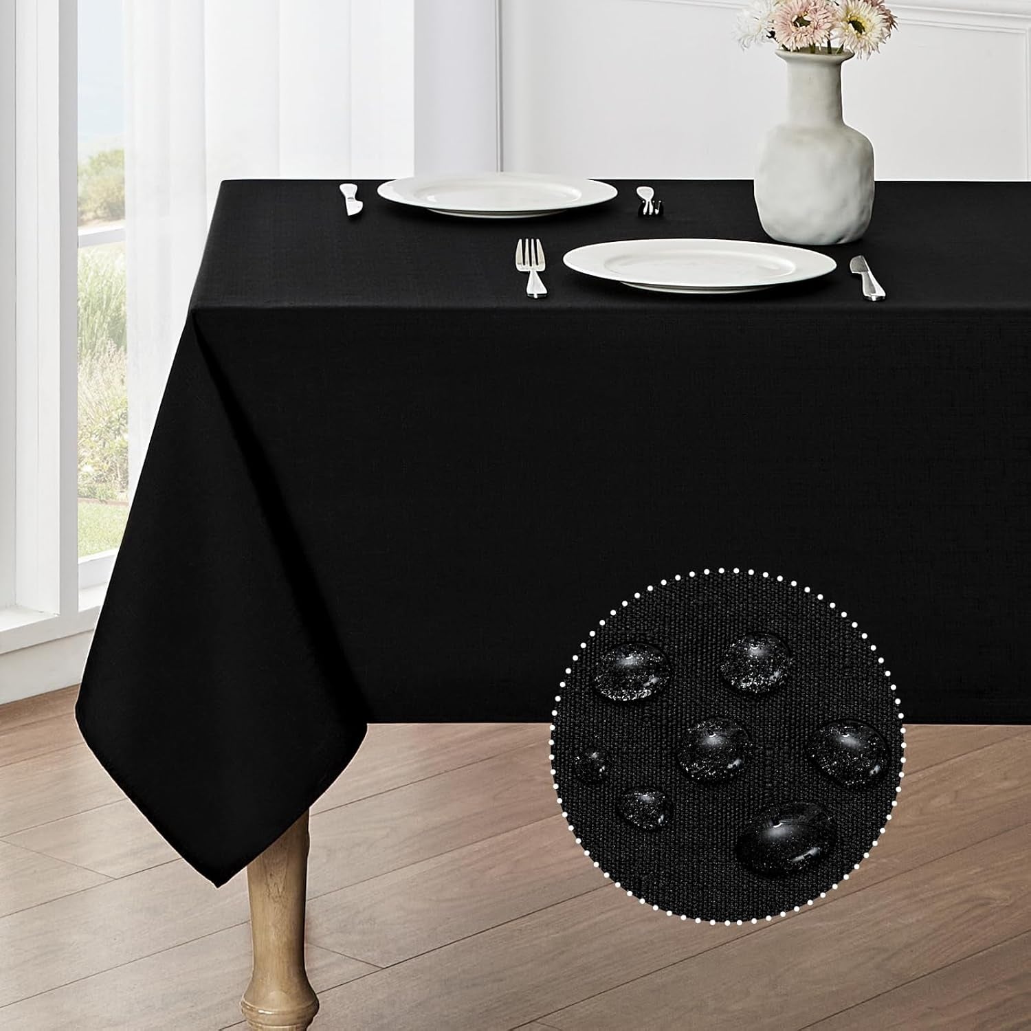 Rectangle Tablecloth Waterproof 52X70 Inch Linen Textured Table Cloth Stain and Wrinkle Resistant Washable, Decorative Fabric Table Cover for Dining, Party and Camping, Black