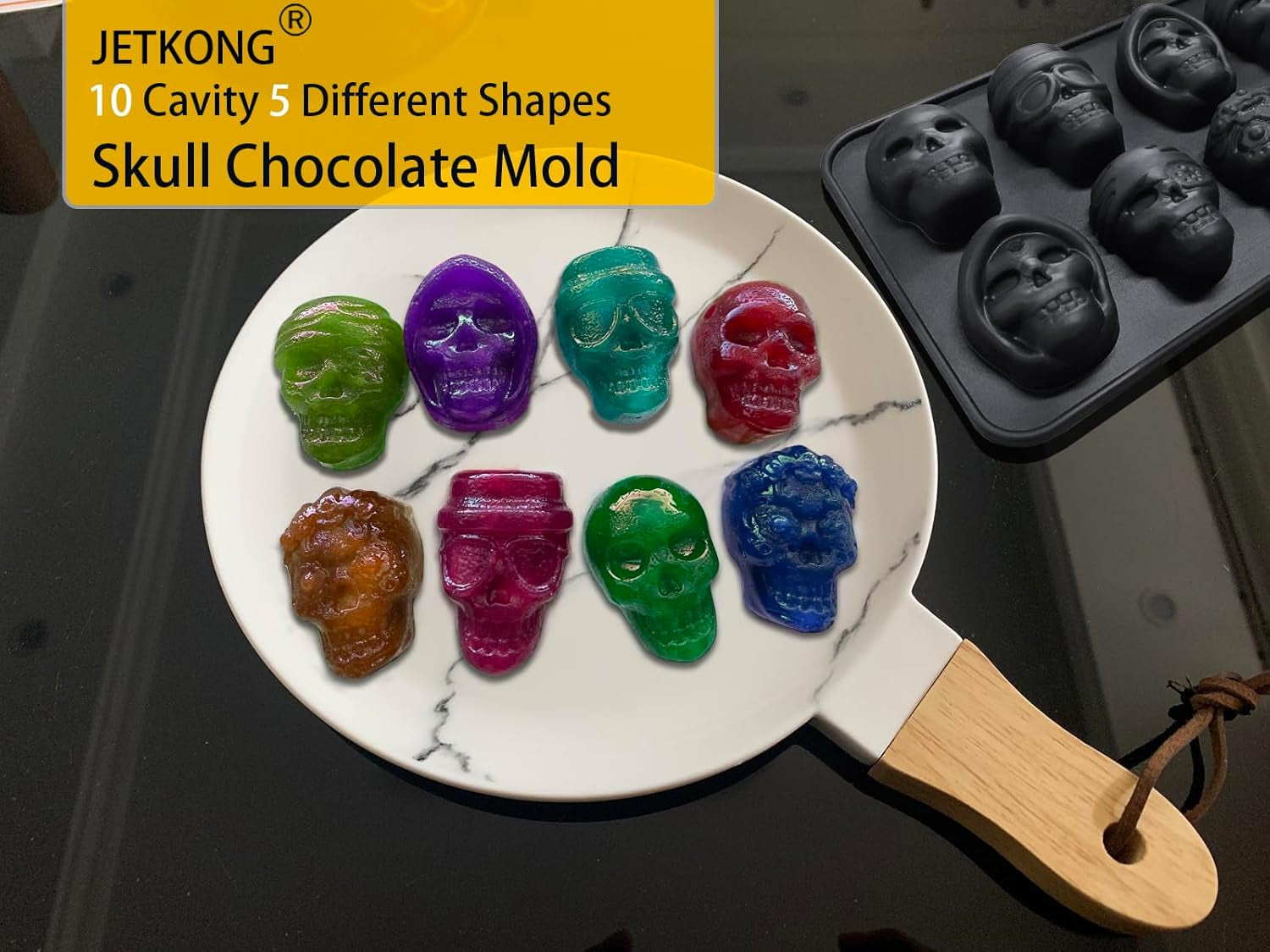 10 Cavity Skull Chocolate Molds Silicone Skull Candy Mold for Jelly Crayon Resin, Pack of 2 (Black)