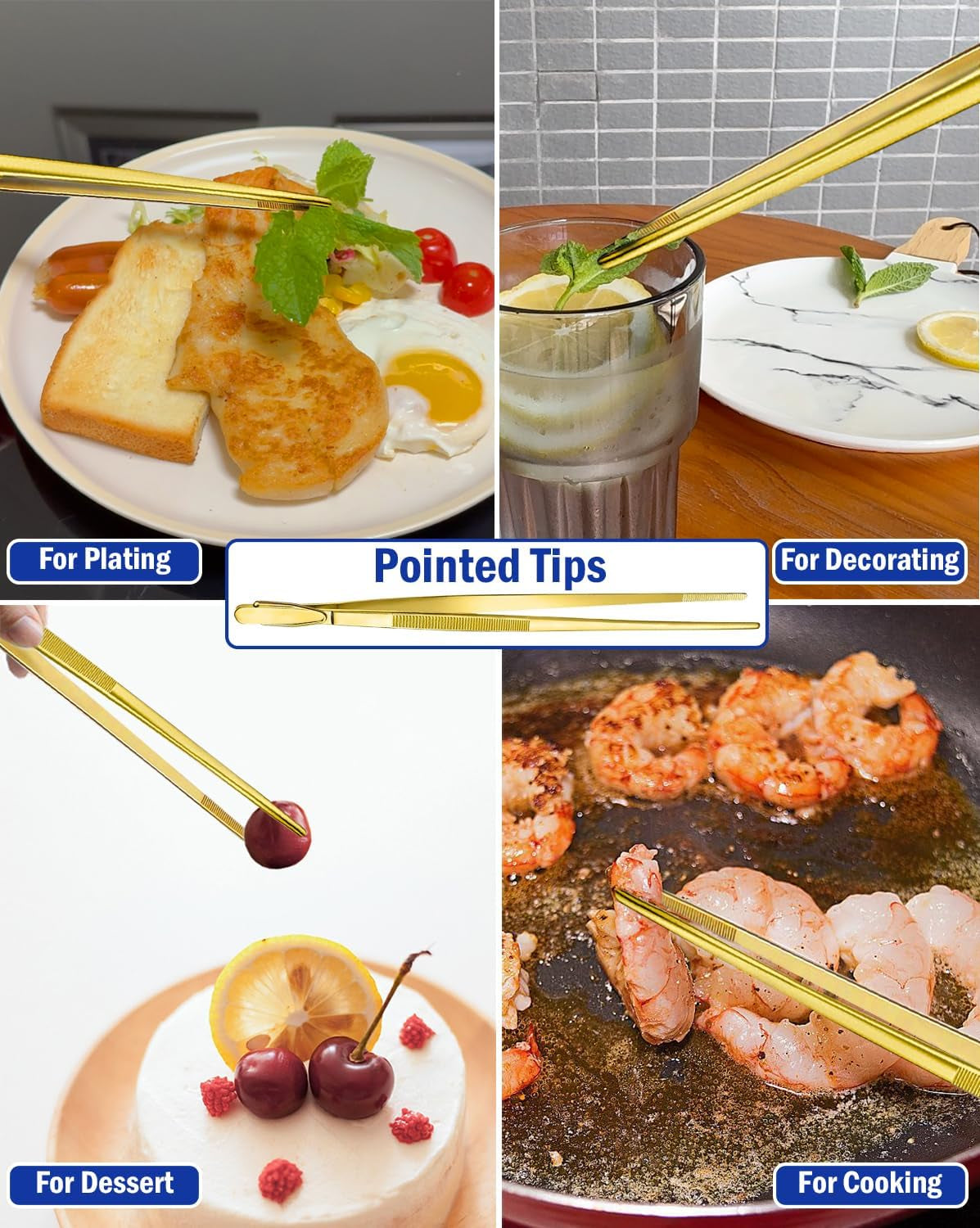 4 Pcs Kitchen Tweezers, 12'' and 10'' Stainless Steel Cooking Tweezers Set, High-Precision Tweezers Tongs for Cooking, Repairing, Seafood and BBQ (Gold)