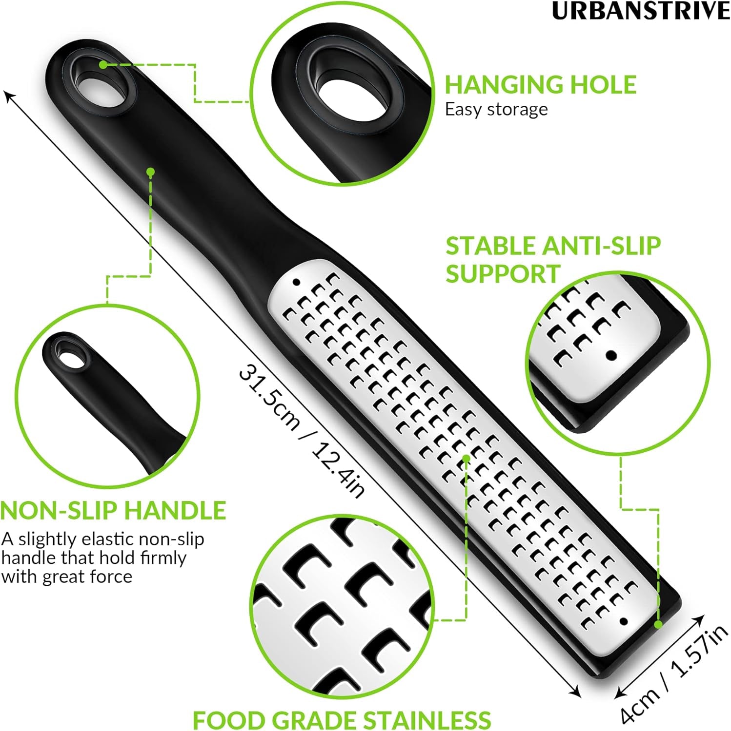 Cheese Grater with Handle, Lemon Zester Graters for Kitchen Stainless Steel, Hand Grater for Ginger Garlic Nutmeg Chocolate Fruits Vegetables, Sharp, Non-Slip Handle & Foot, Black