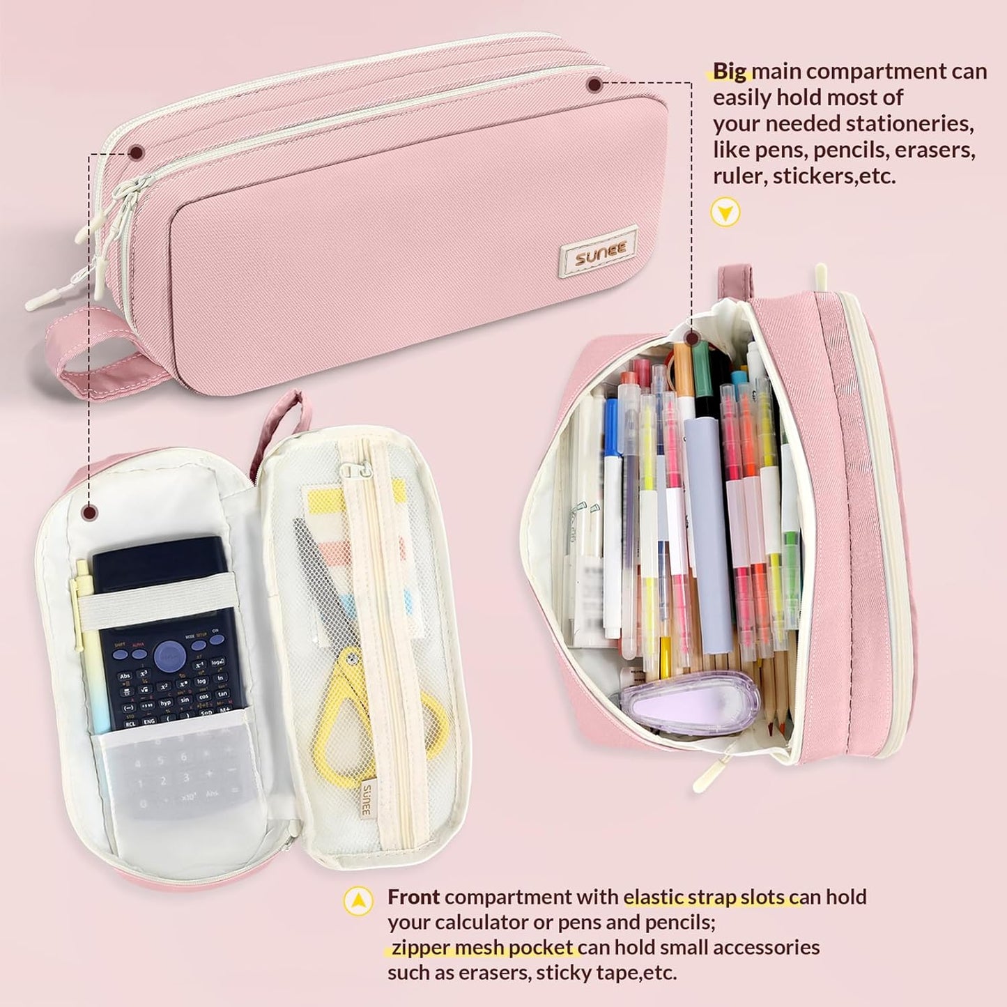 Pencil Case, Large Capacity Pencil Pouch, Aesthetic Pen Bag Office Stationery Organizer Simple Sturdy Multifunctional for Teen Girls Women Men, Pink