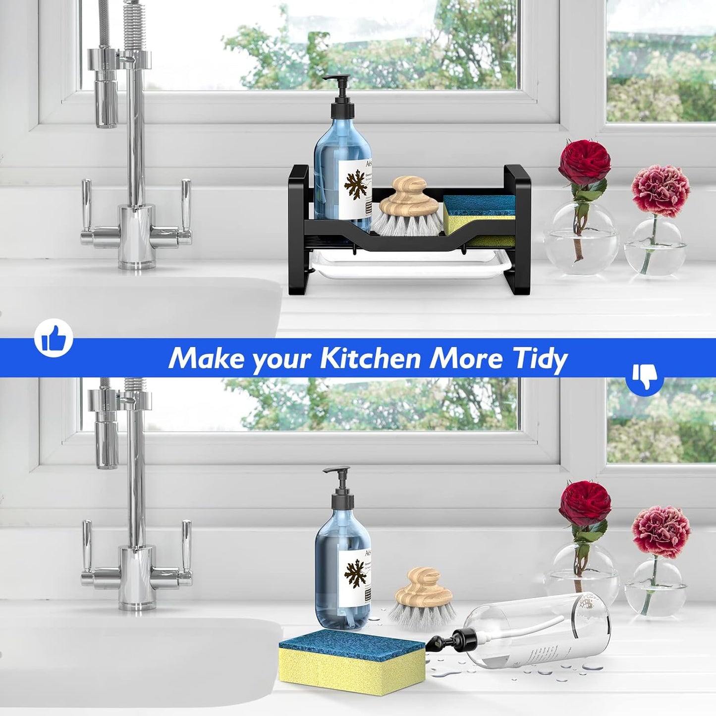 Sink Caddy Sponge Holder,Sponge Holder for Kitchen Sink,Kitchen Sink Organizer for Soap Brush Dispenser,Countertop Sink Caddy Organizer with Removable Drain Tray