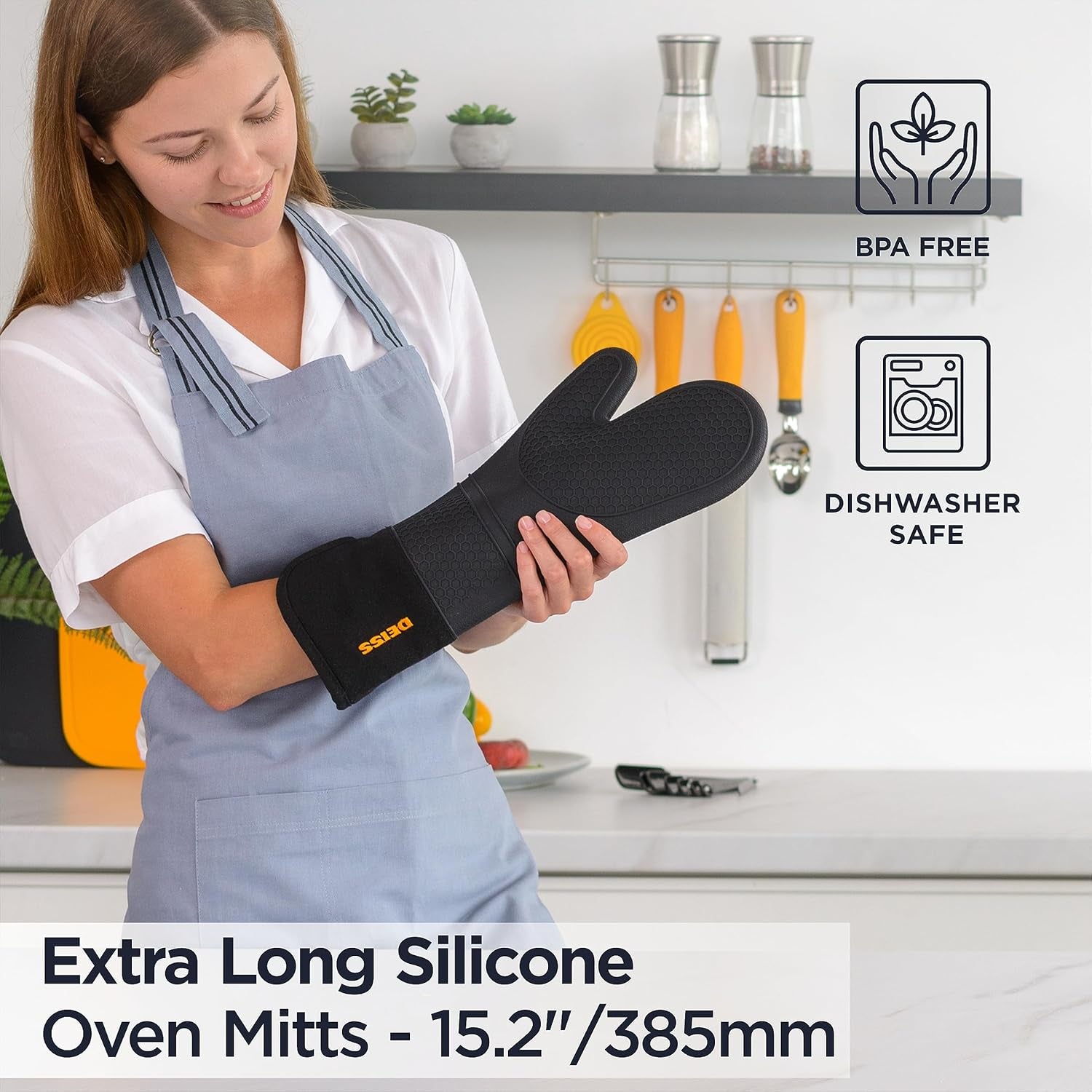 PRO Heat and Stain Resistant Silicone Oven Mitts Set, Soft Cotton Lining BBQ Gloves, Waterproof, Extra Long Flexible Thick Kitchen Mitts for Cooking, Non-Slip Grip Oven Gloves