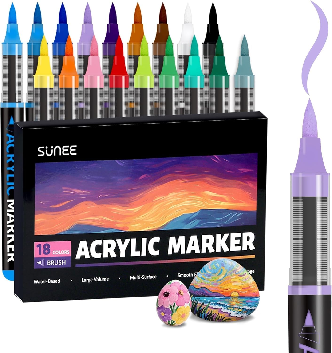 Acrylic Paint Markers Brush Tip, 18 Colors Acrylic Markers with Automatic Ink Control System, Waterproof Acrylic Paint Pens for Painting,Wood, Canvas, Glass, Stone, Fabric and Art Supplies