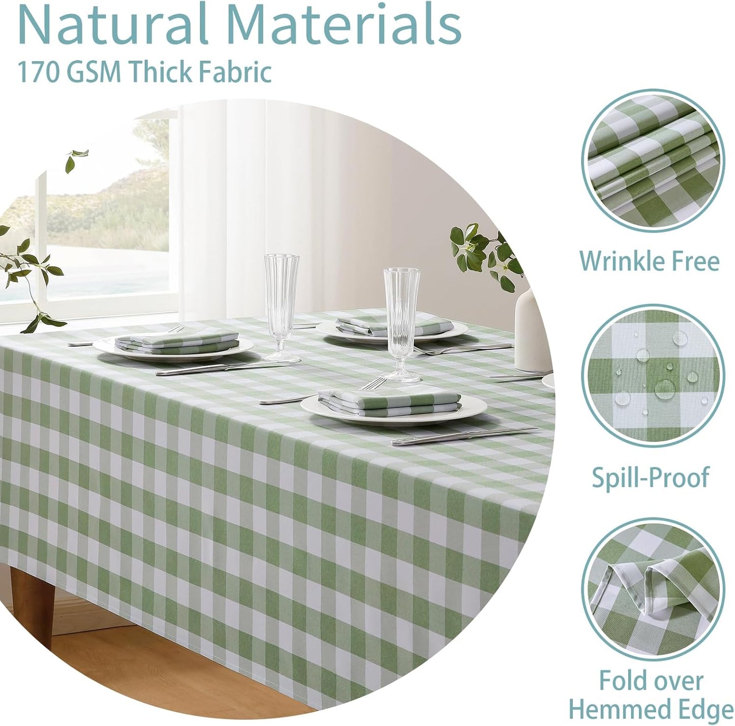 Checkered Tablecloth Rectangle Waterproof Gingham Table Cloth Washable Buffalo Plaid Table Cover Wrinkle Free for Kitchen, Dining and Outdoor Picnic, 52 X 70 Inch, Sage Green and White