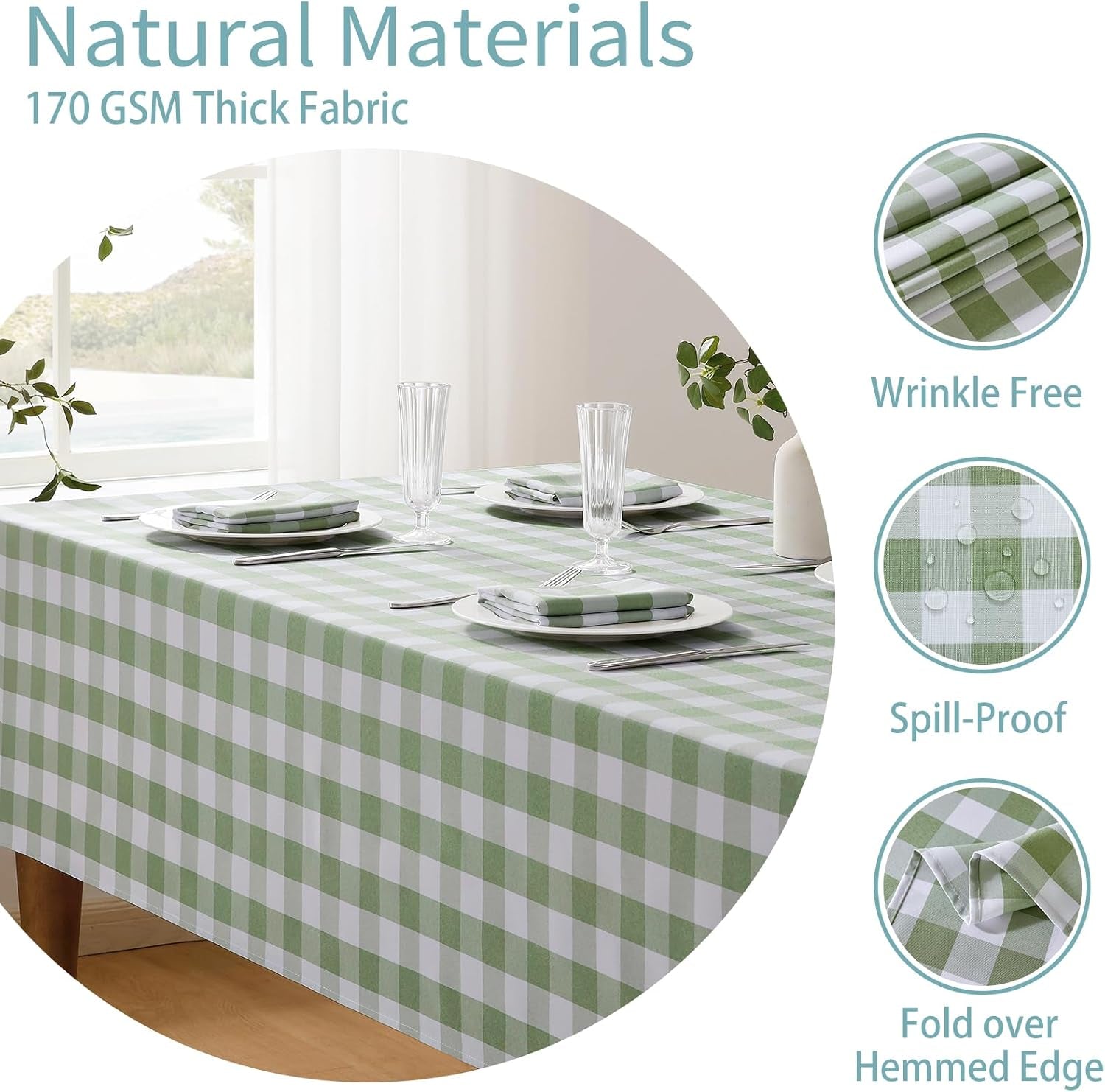 Checkered Tablecloth Rectangle Waterproof Gingham Table Cloth Washable Buffalo Plaid Table Cover Wrinkle Free for Kitchen, Dining and Outdoor Picnic, 52 X 70 Inch, Sage Green and White