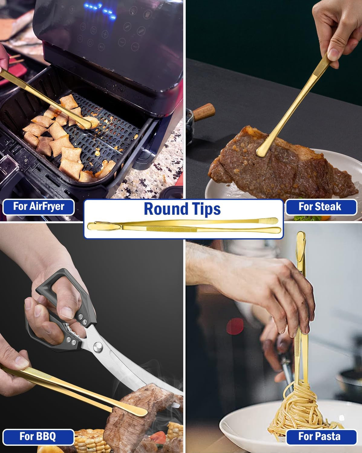 4 Pcs Kitchen Tweezers, 12'' and 10'' Stainless Steel Cooking Tweezers Set, High-Precision Tweezers Tongs for Cooking, Repairing, Seafood and BBQ (Gold)