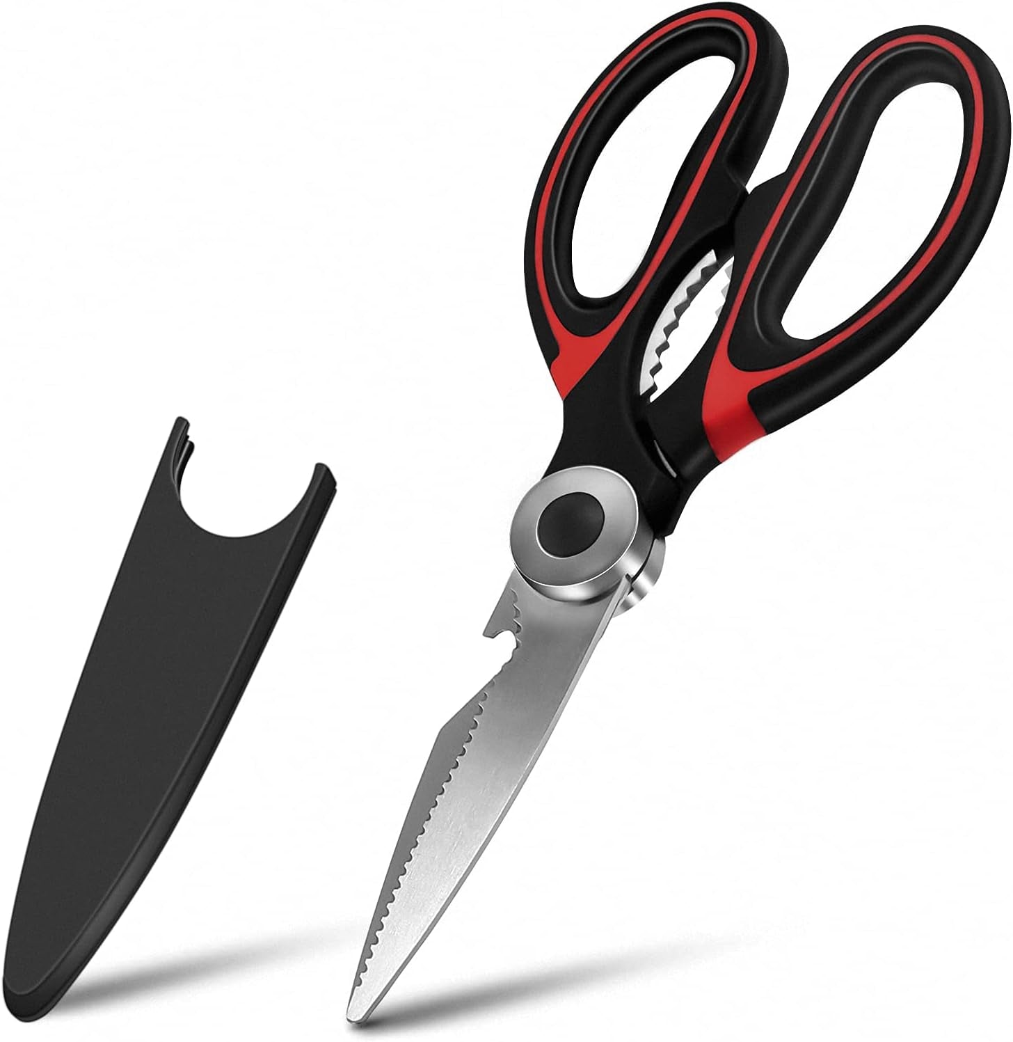 Heavy Duty Kitchen Shears with Protective Sheath Kitchen Meat Scissors, Dishwasher Safe Cooking Scissors for Chicken, Poultry, Fish, Herbs (Black+Red)