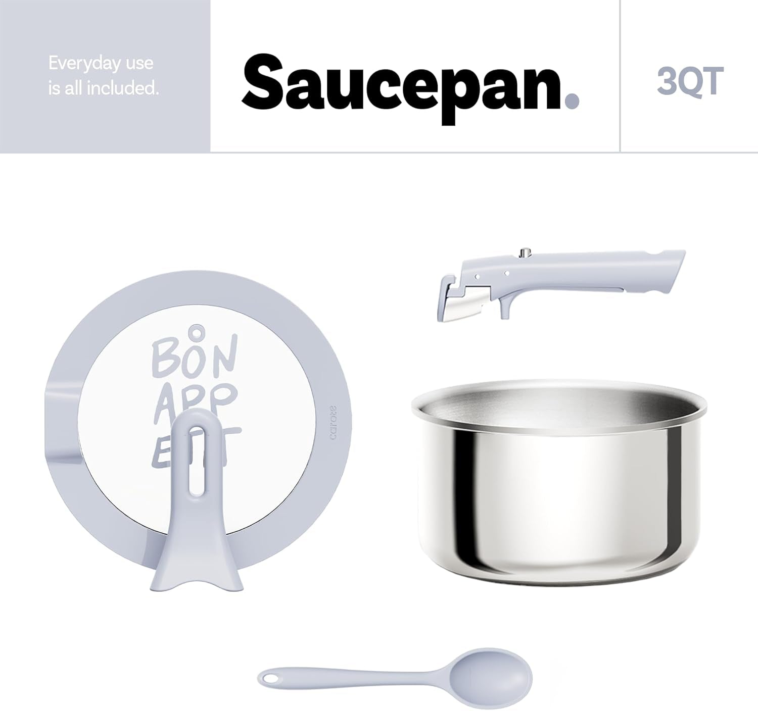 Stainless Steel Sauce Pan with Detachable Handle, 4Pcs Stainless Steel Pot, 3QT Saucepan with Lid, Non-Toxic Induction Kitchen Cookware, Stand-Up Lid, Oven Safe, Blue